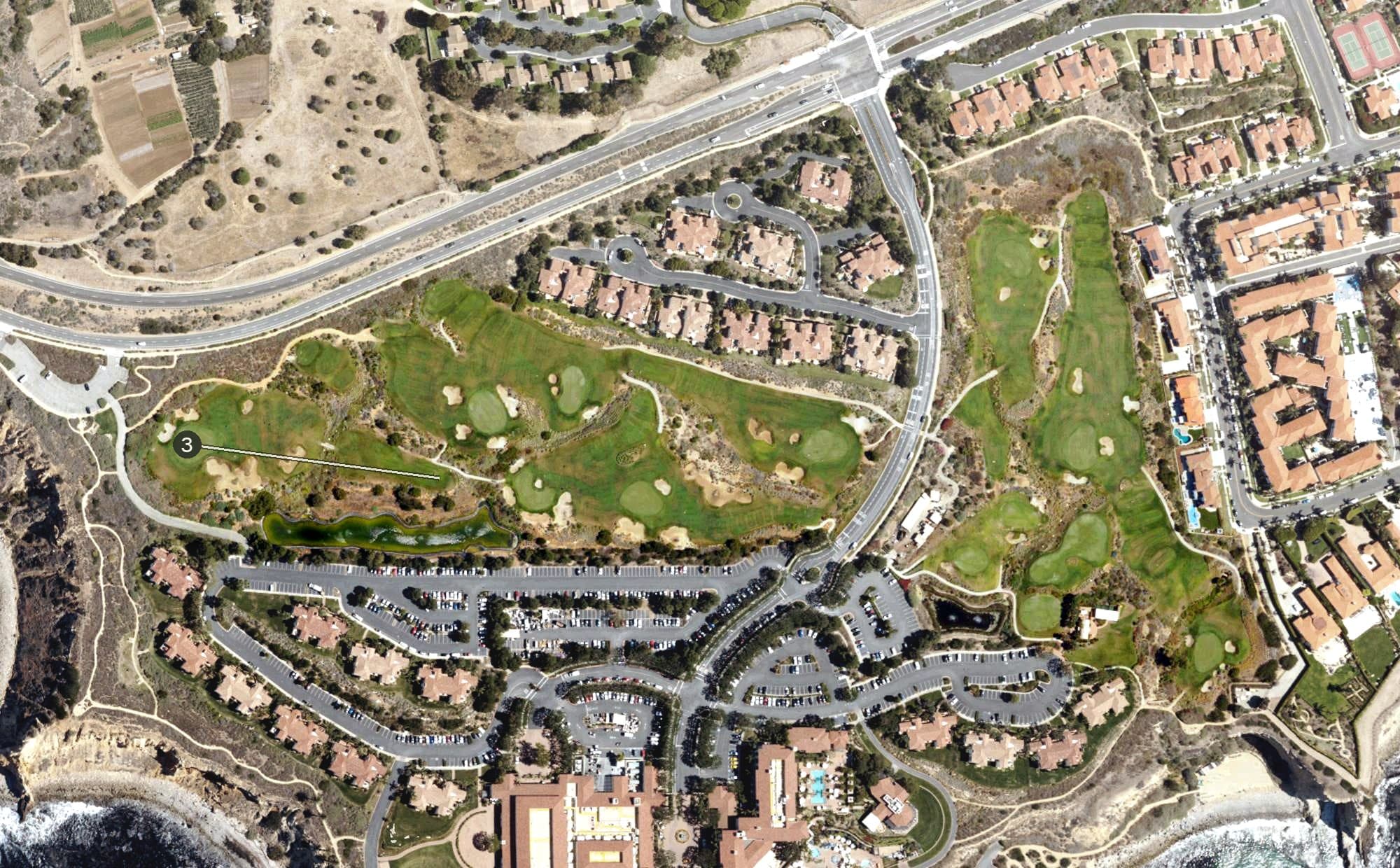 Aerial view of The Links at Terranea, CA, with its hole routing marked