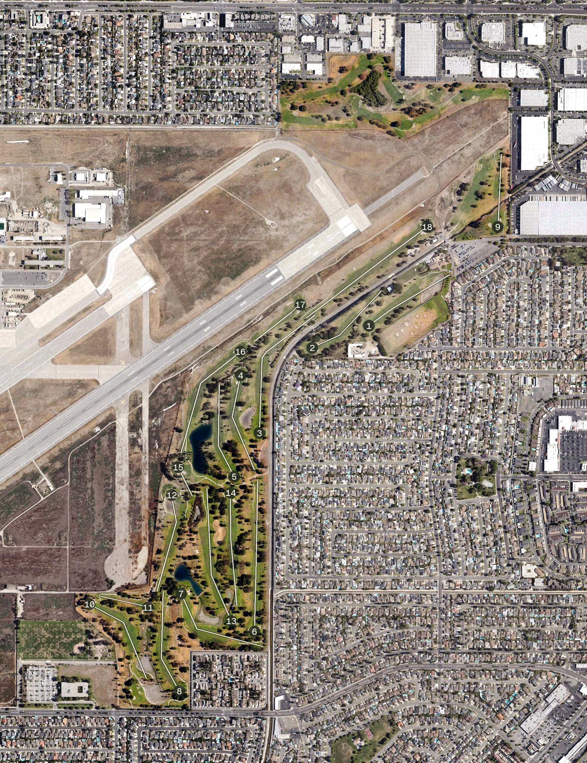 Aerial view of The Navy Golf Course Seal Beach, CA, with its hole routing marked