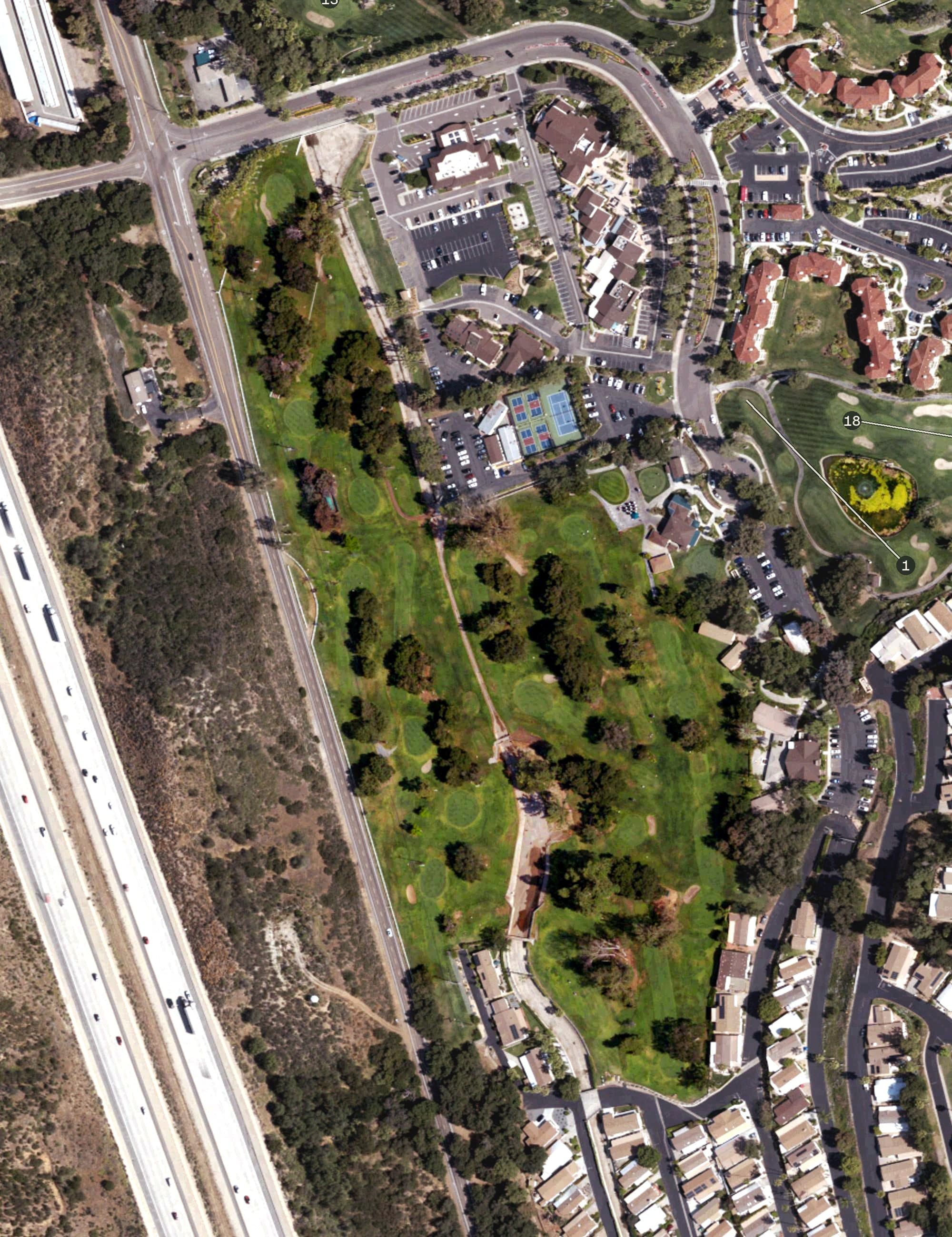 Aerial view of The Oaks, CA, with its hole routing marked