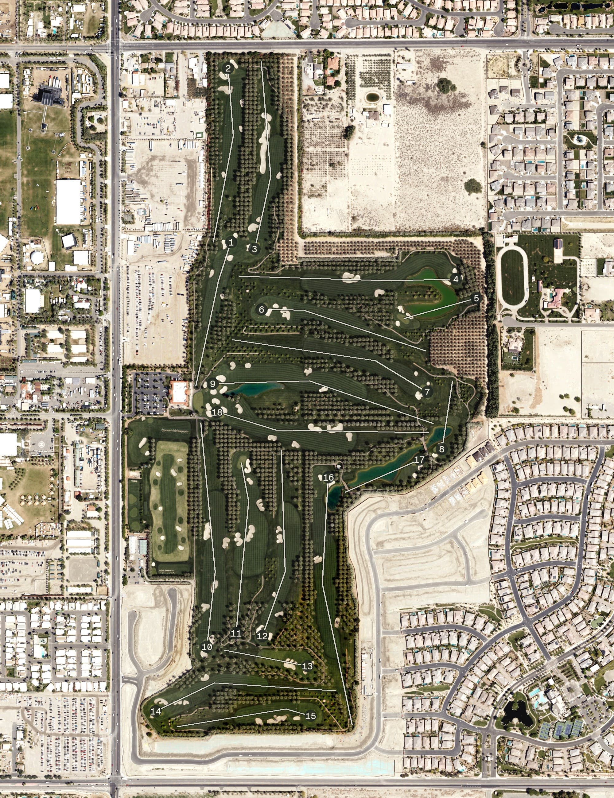 Aerial view of The Plantation Golf Club, CA, with its hole routing marked