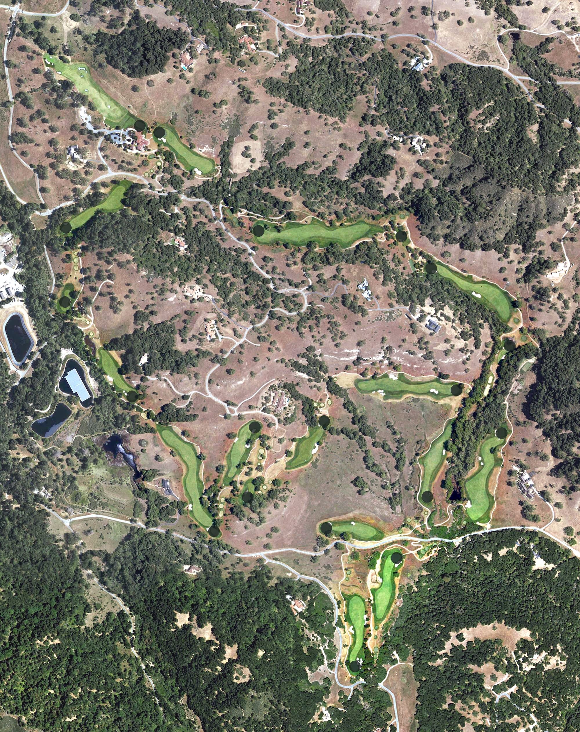 Aerial view of The Preserve Golf Club Santa Lucia, CA, with its hole routing marked