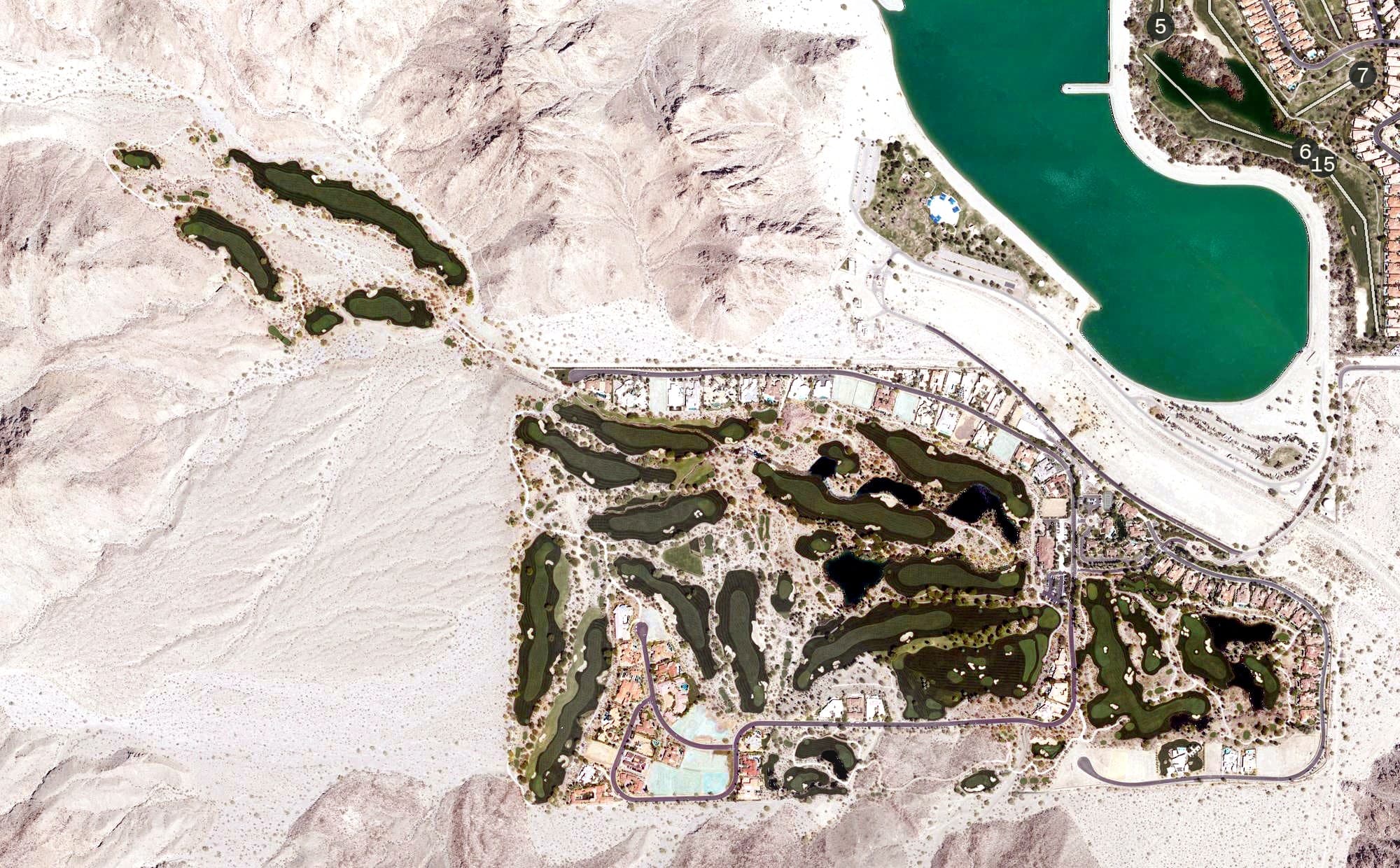 Aerial view of The Quarry at La Quinta, CA, with its hole routing marked