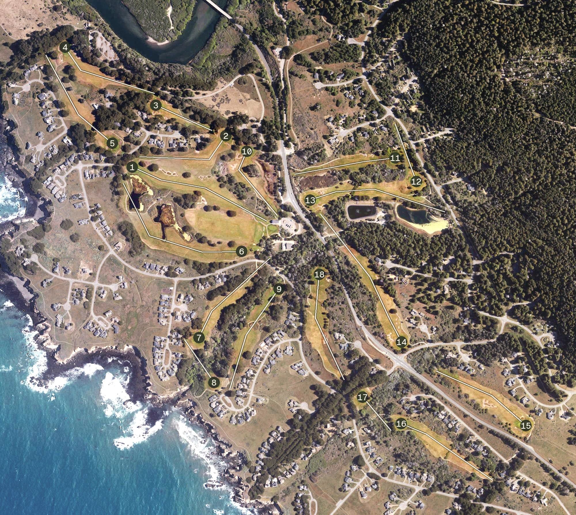 Aerial view of The Sea Ranch Golf Links, CA, with its hole routing marked