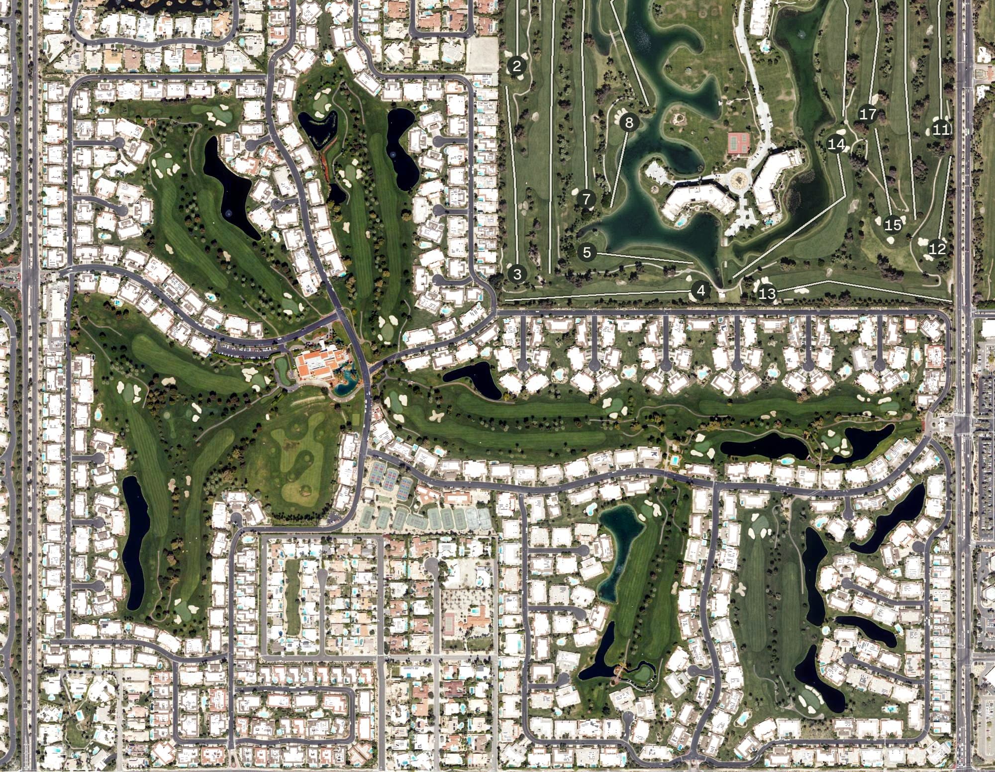 Aerial view of The Springs Country Club, CA, with its hole routing marked