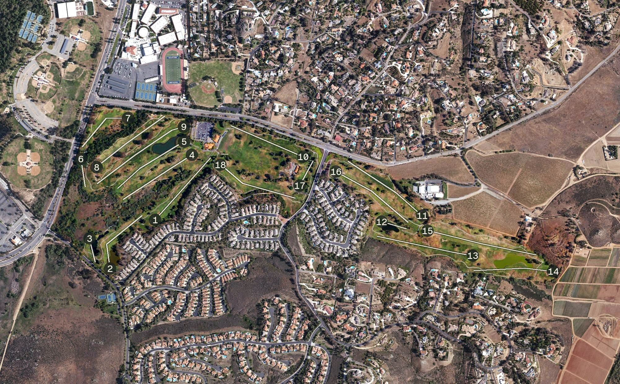 Aerial view of The Vineyard at Escondido Golf Course, CA, with its hole routing marked