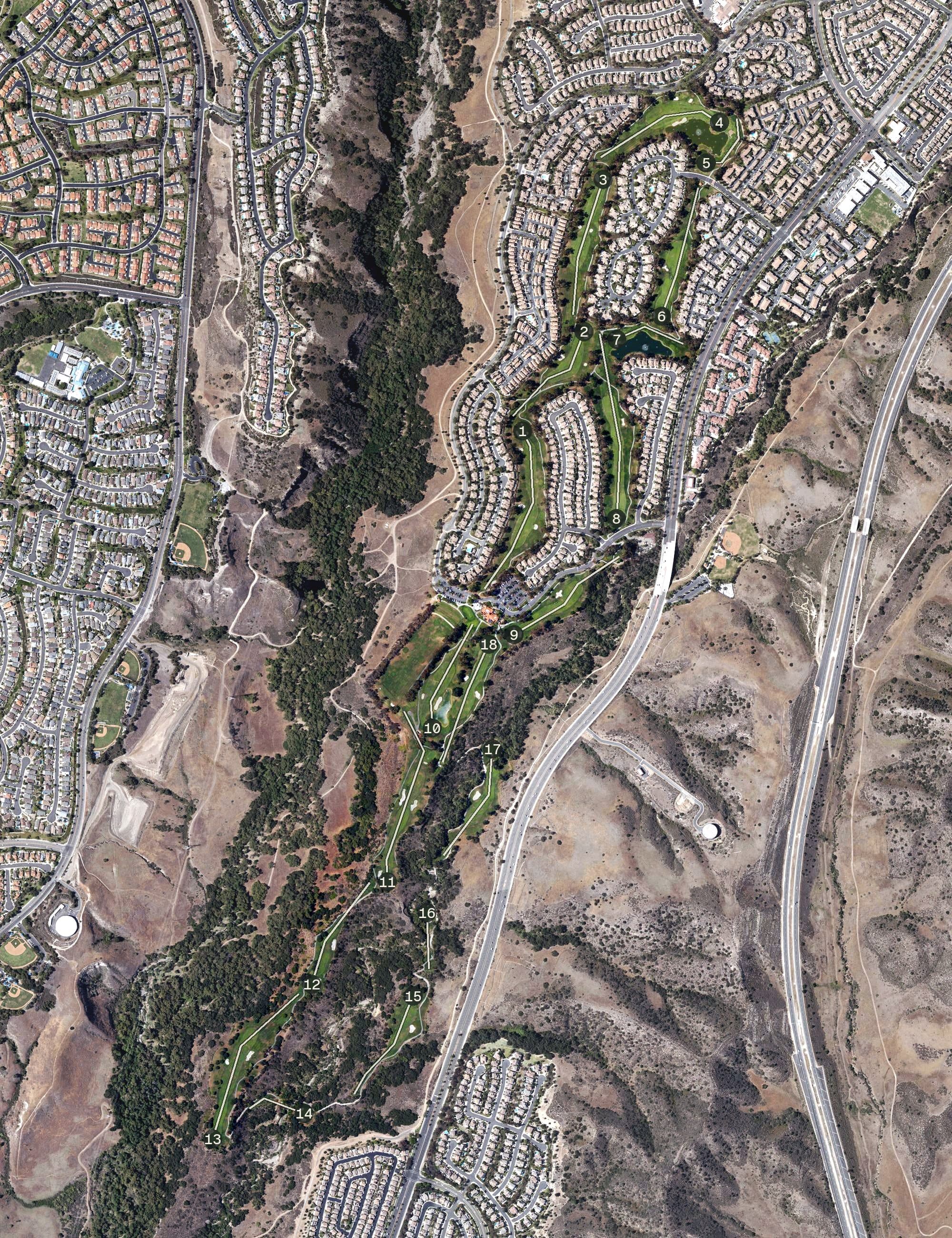 Aerial view of Tijeras Creek Golf Club, CA, with its hole routing marked