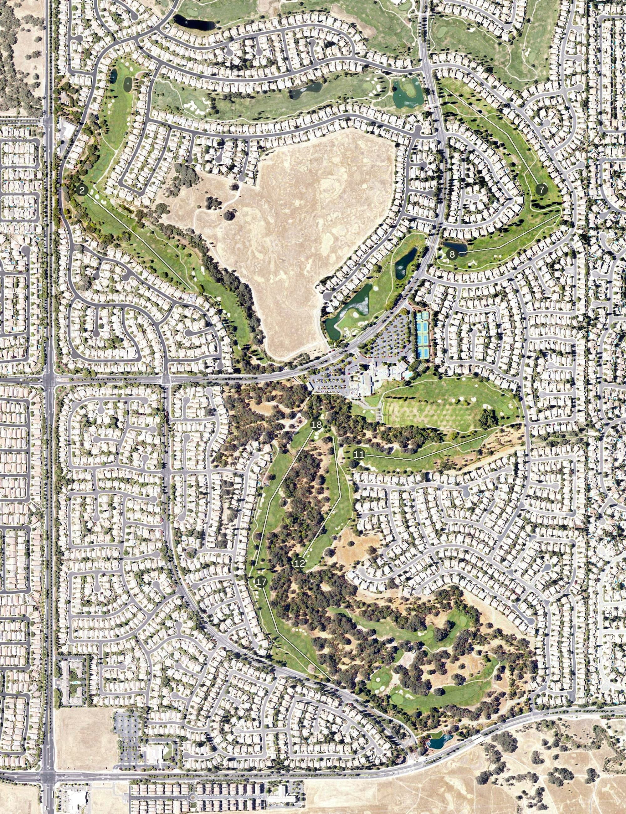 Aerial view of Timber Creek Golf Course, CA, with its hole routing marked