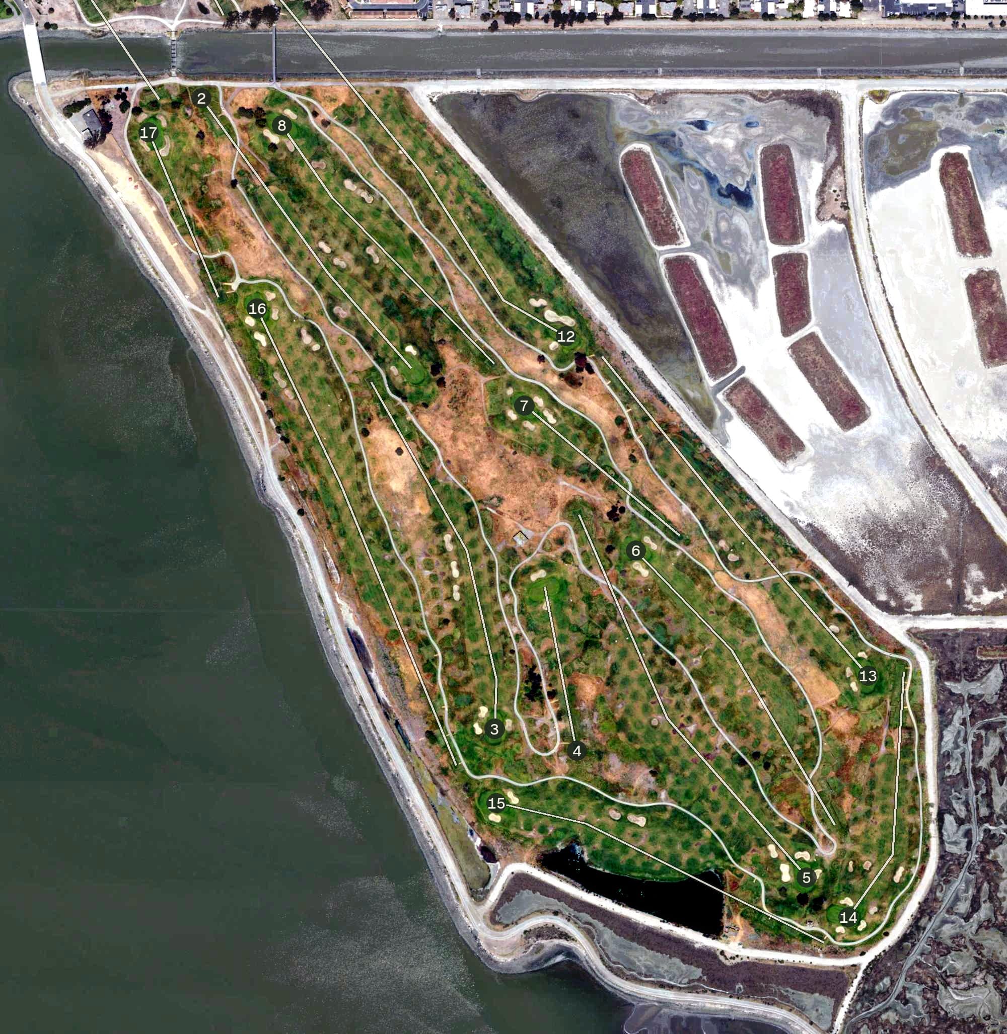 Aerial view of Tony Lema Golf Course, CA, with its hole routing marked