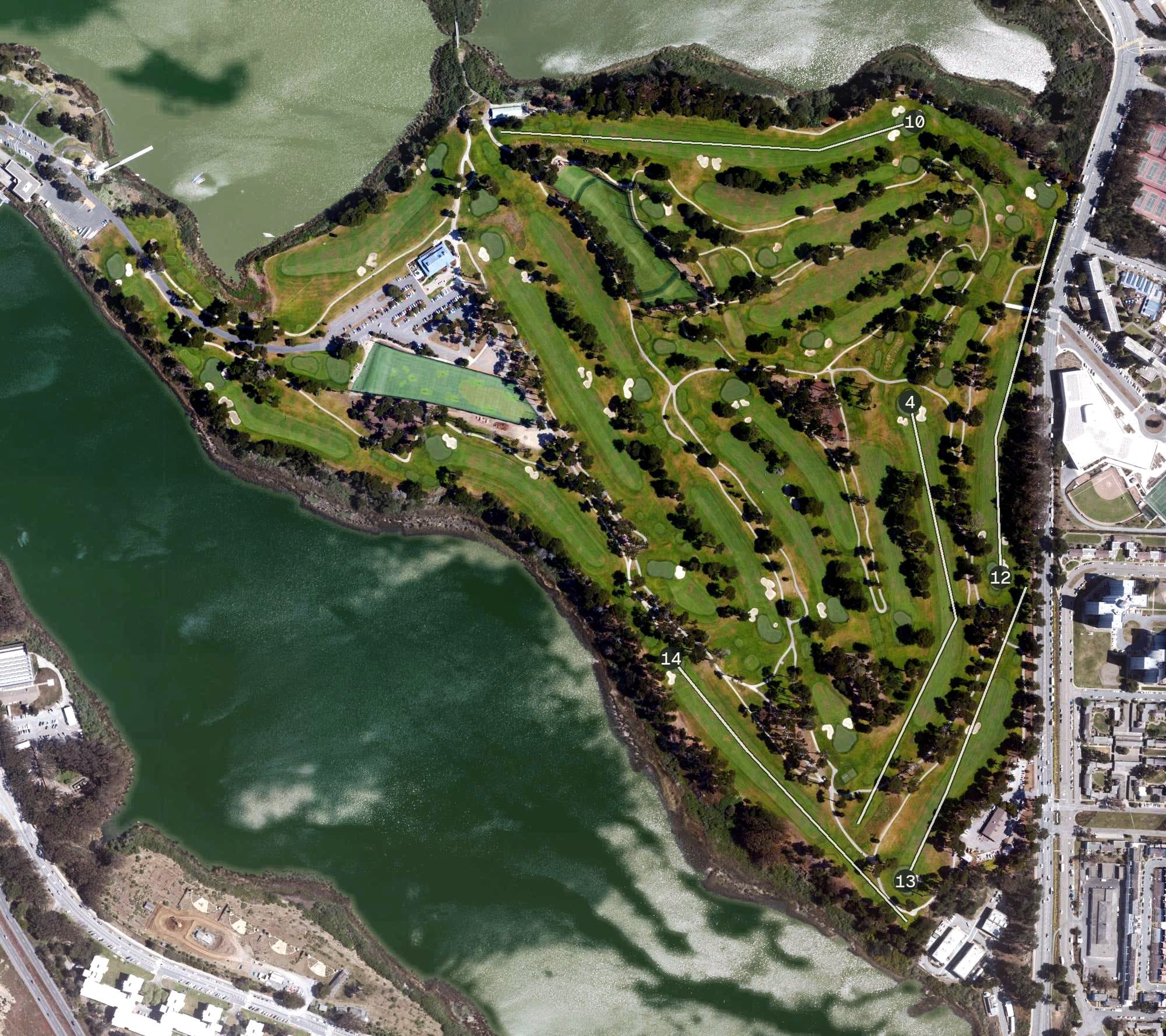 Aerial view of TPC Harding Park, CA, with its hole routing marked