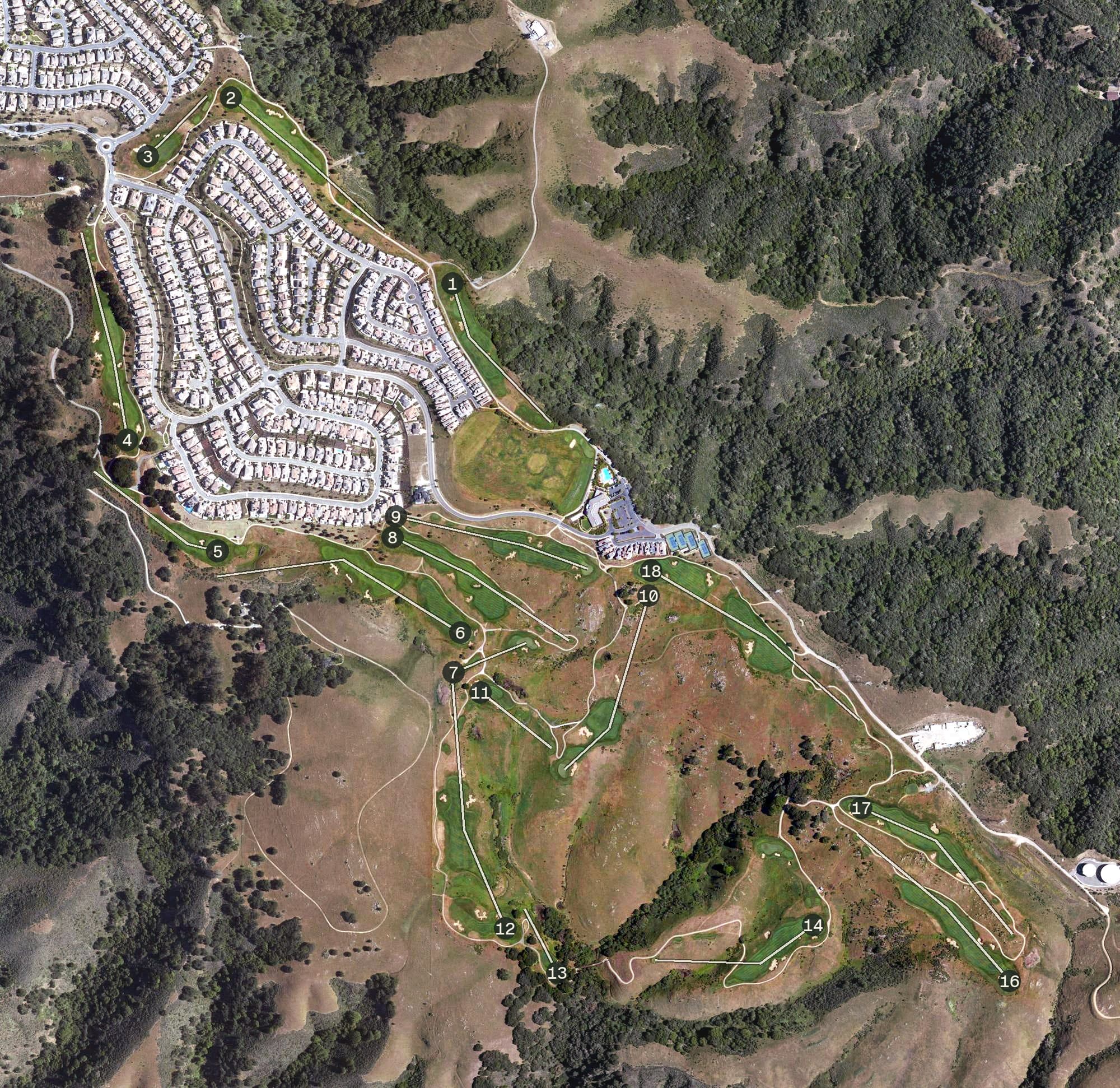 Aerial view of TPC Stonebrae, CA, with its hole routing marked