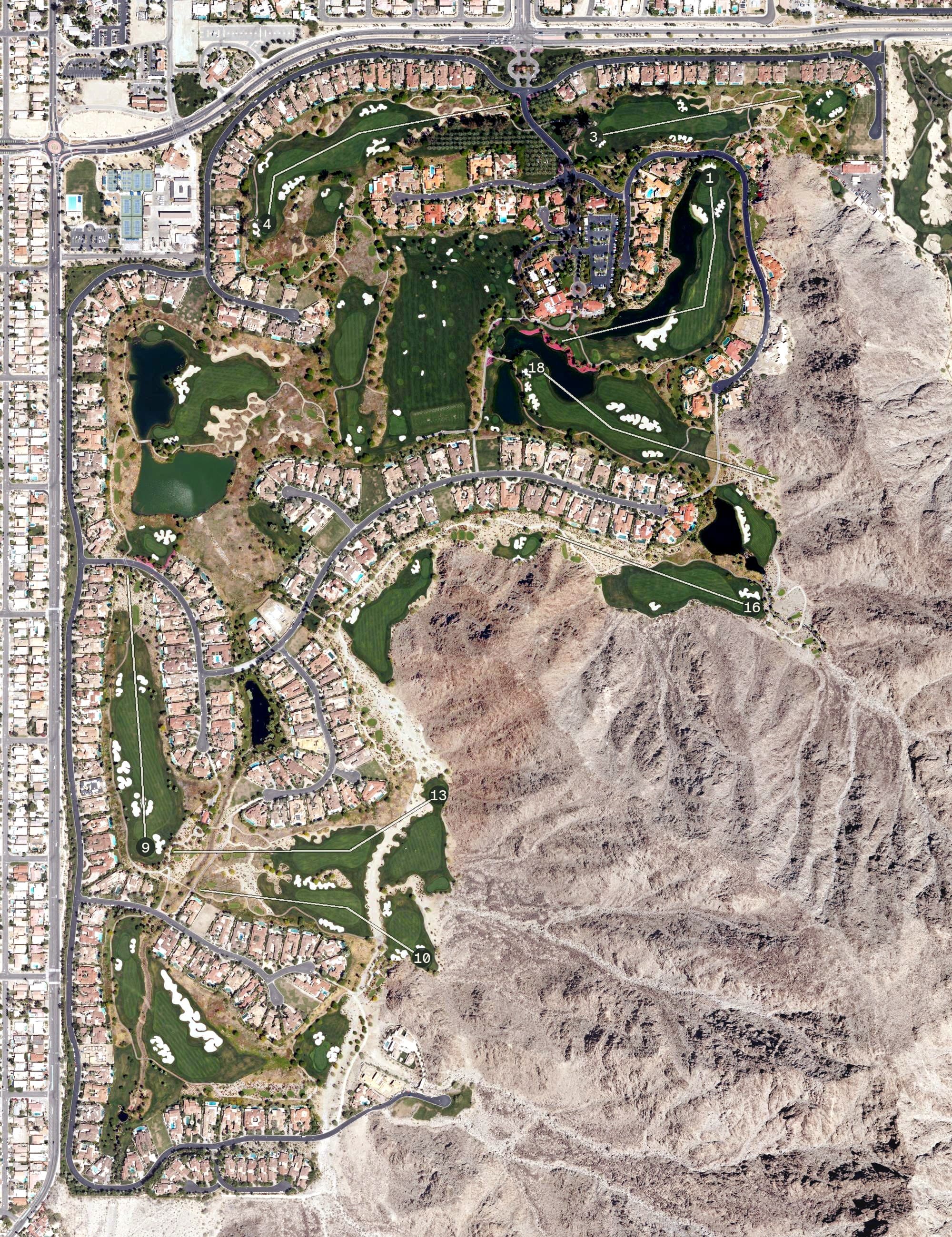 Aerial view of Tradition Golf Club, CA, with its hole routing marked