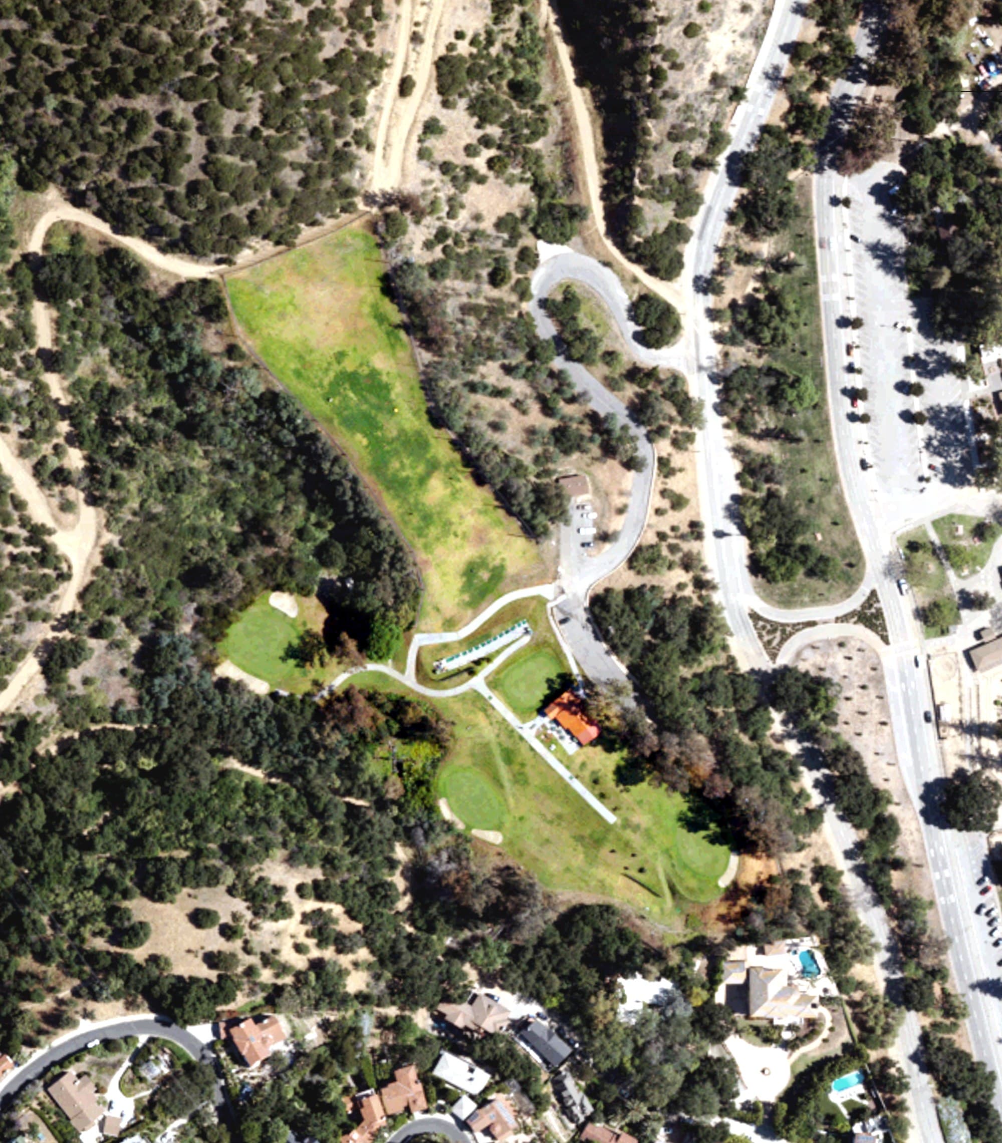 Aerial view of Tregnan Golf Academy, CA, with its hole routing marked