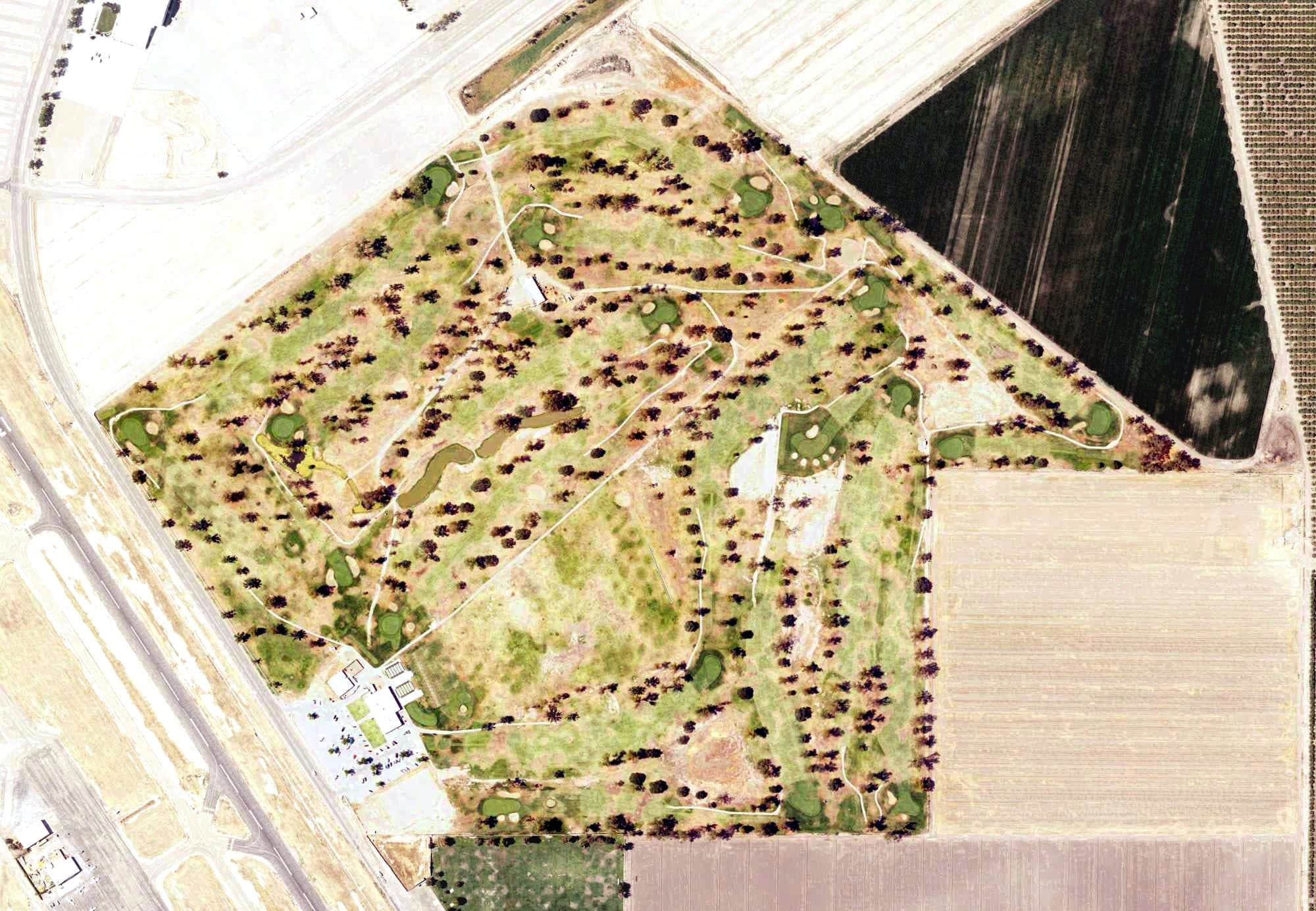 Aerial view of Tulare Golf and Country Club, CA, with its hole routing marked