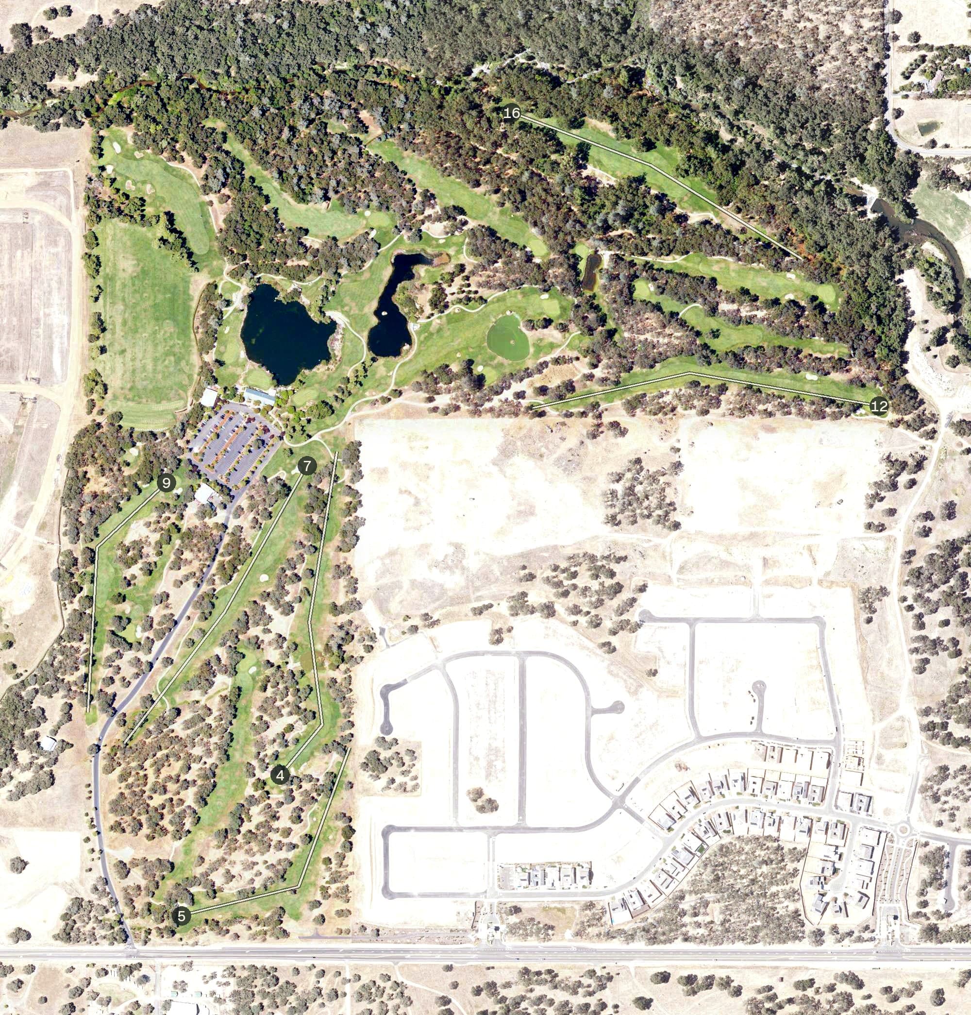 Aerial view of Turkey Creek Golf Club, CA, with its hole routing marked