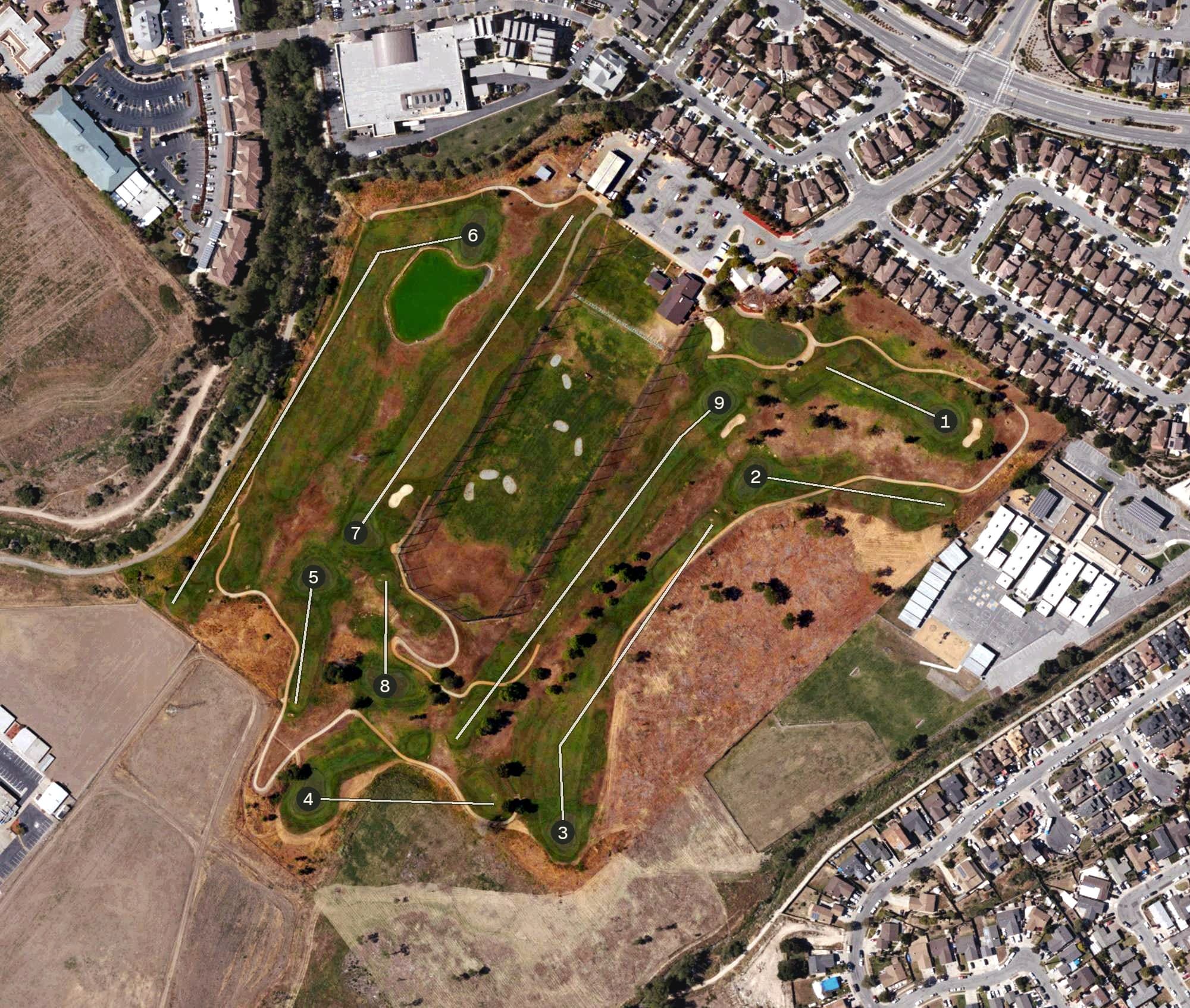 Aerial view of Twin Creeks Golf Course, CA, with its hole routing marked