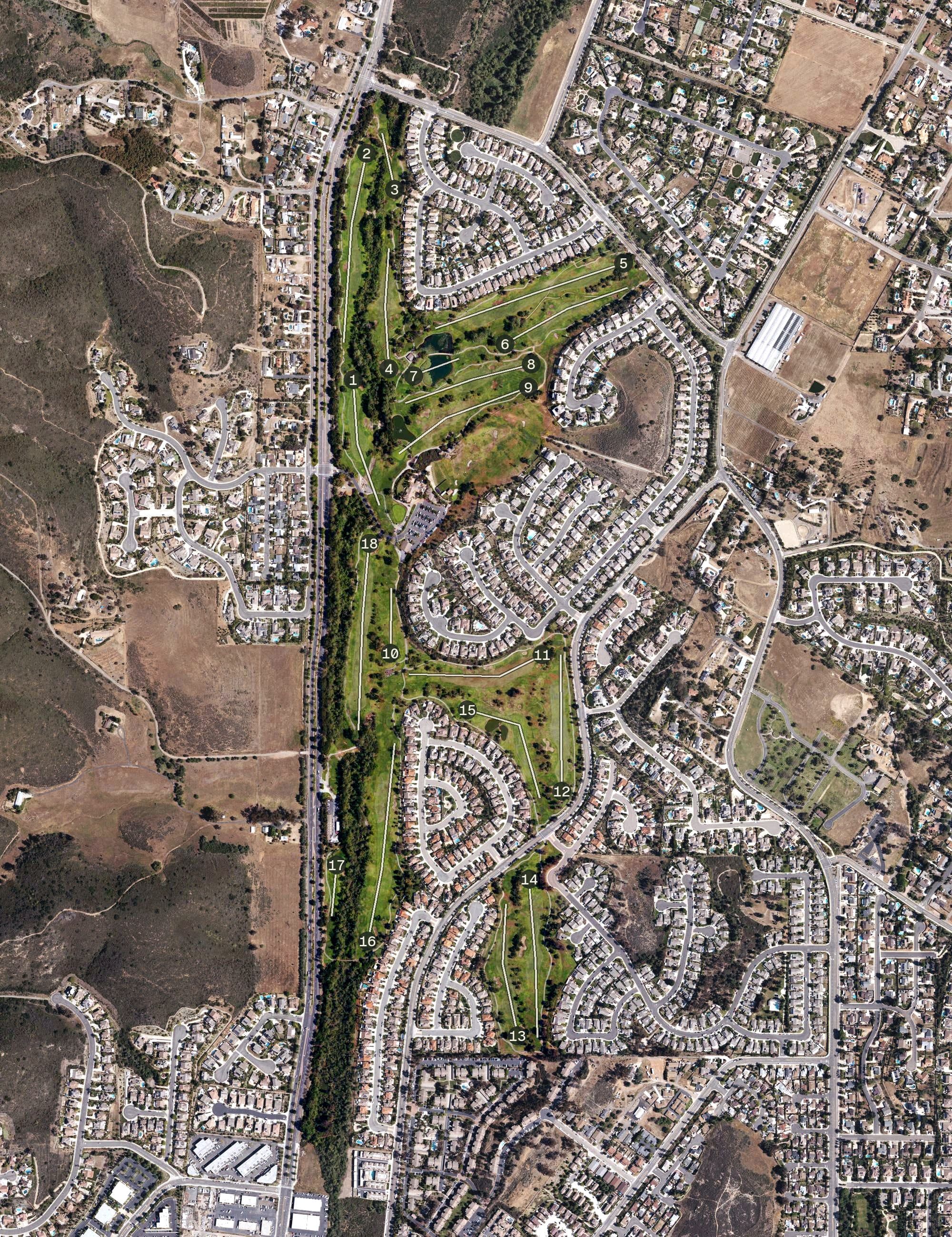 Aerial view of Twin Oaks Golf Course, CA, with its hole routing marked