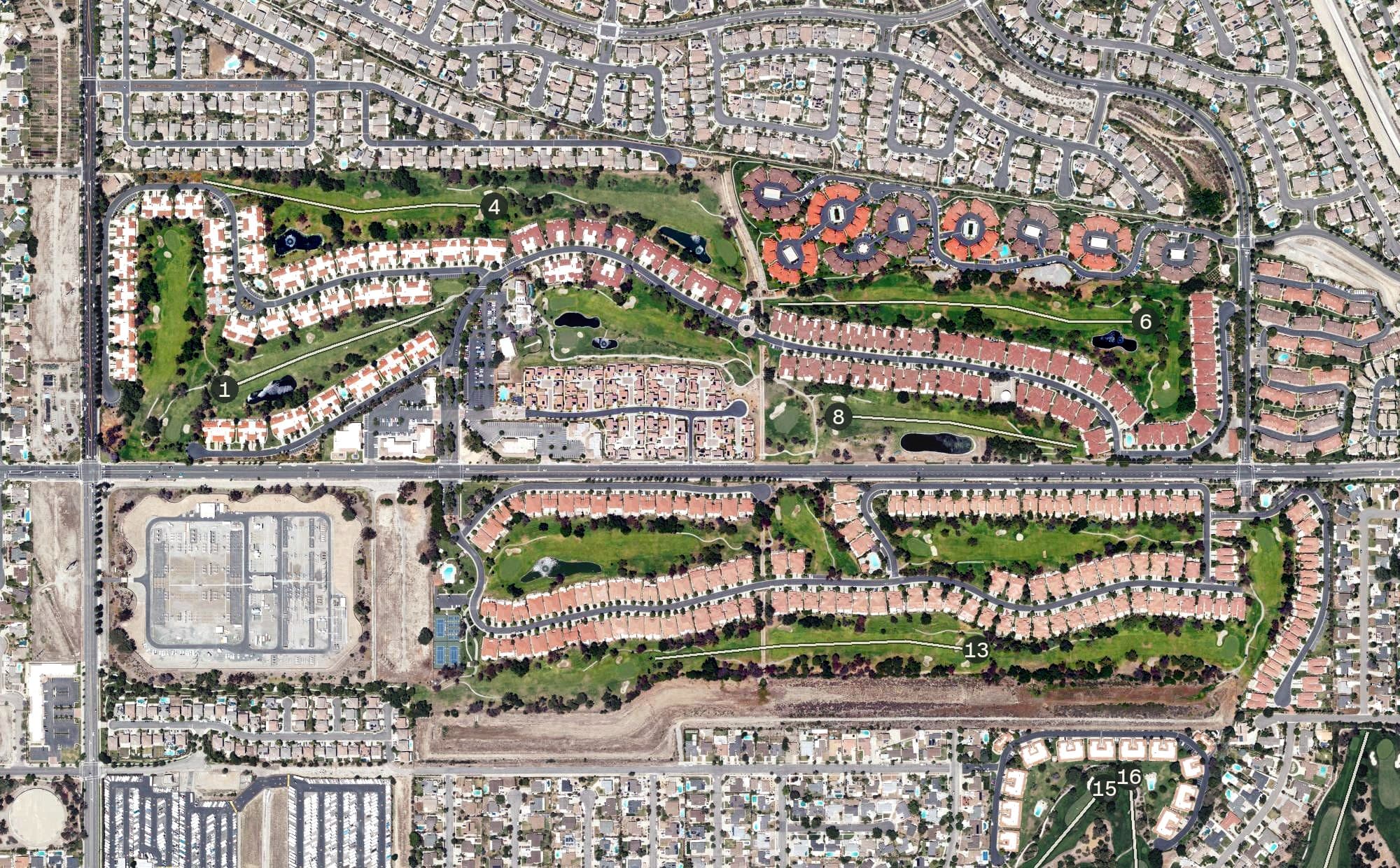 Aerial view of Upland Hills Country Club, CA, with its hole routing marked
