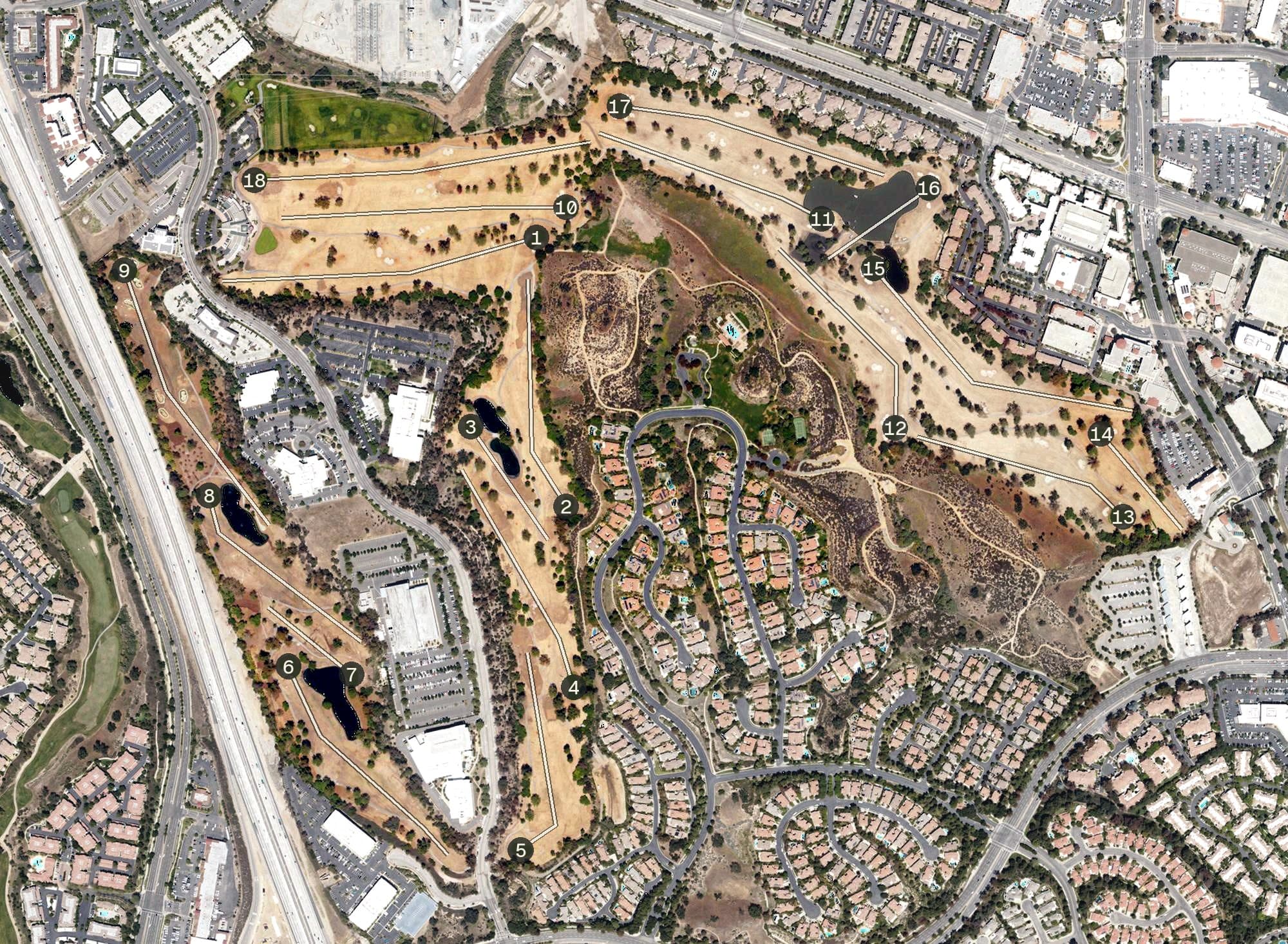 Aerial view of Valencia Country Club, CA, with its hole routing marked