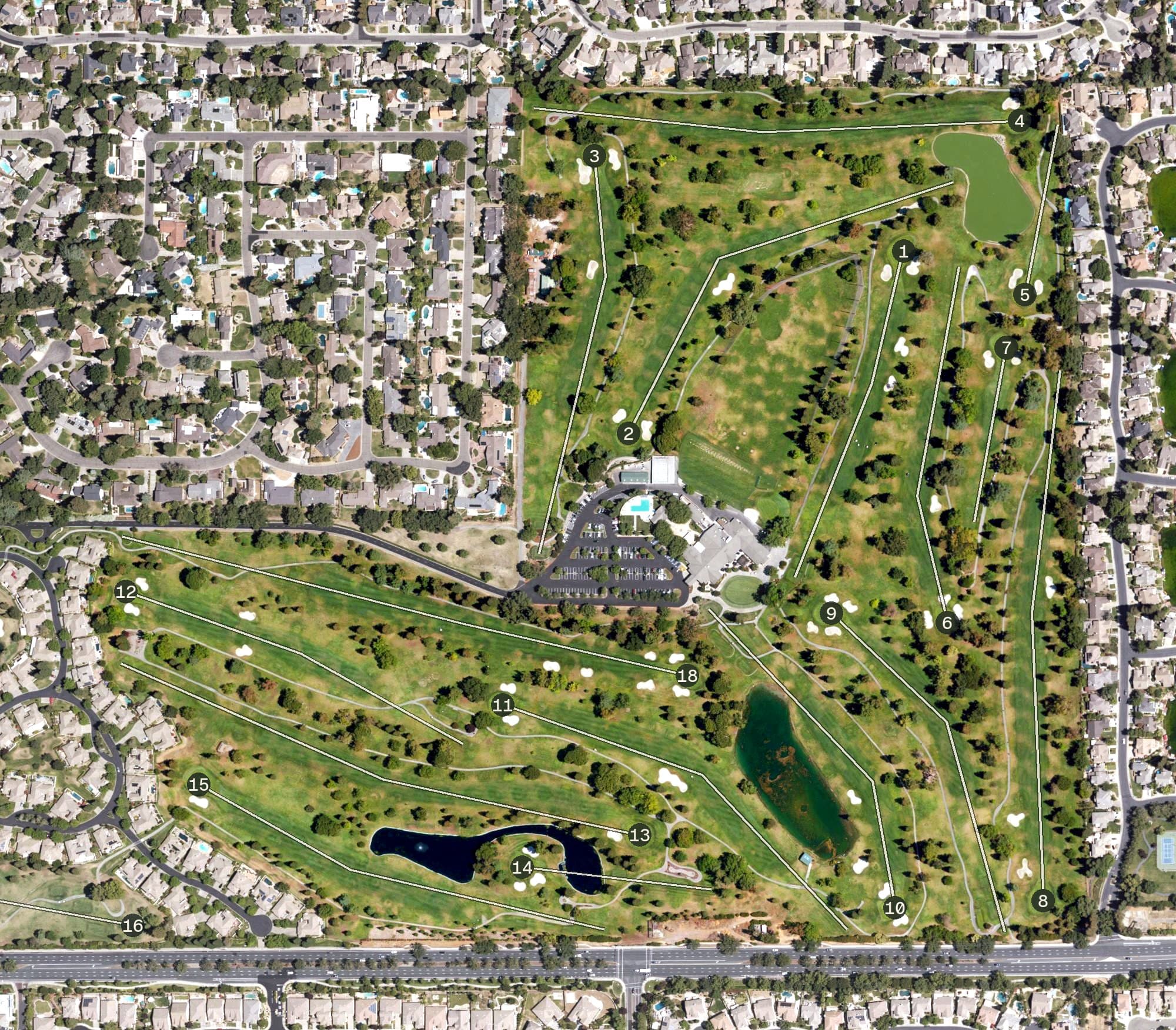 Aerial view of Valley Hi Country Club!, CA, with its hole routing marked