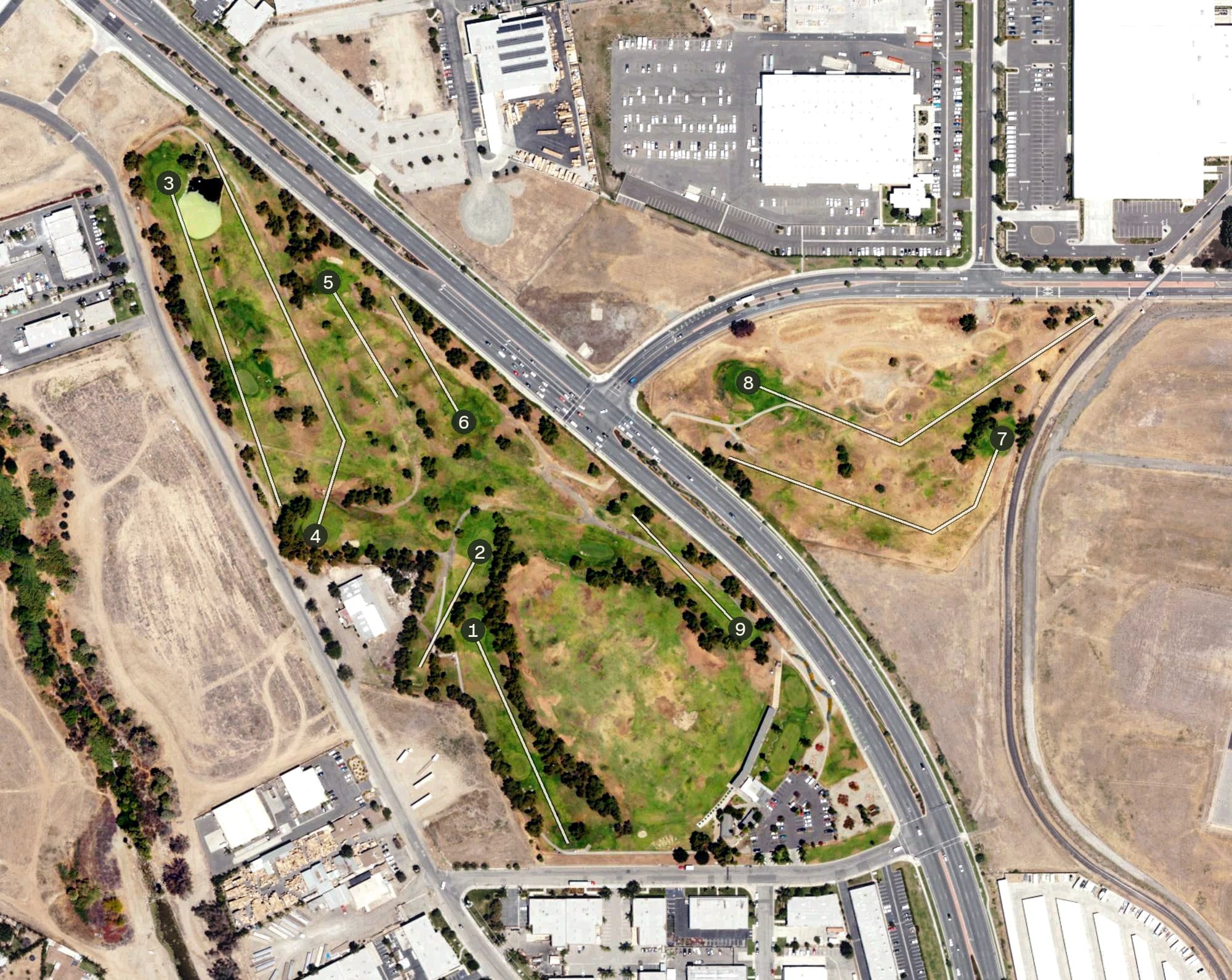 Aerial view of Van Buren Golf Center, CA, with its hole routing marked