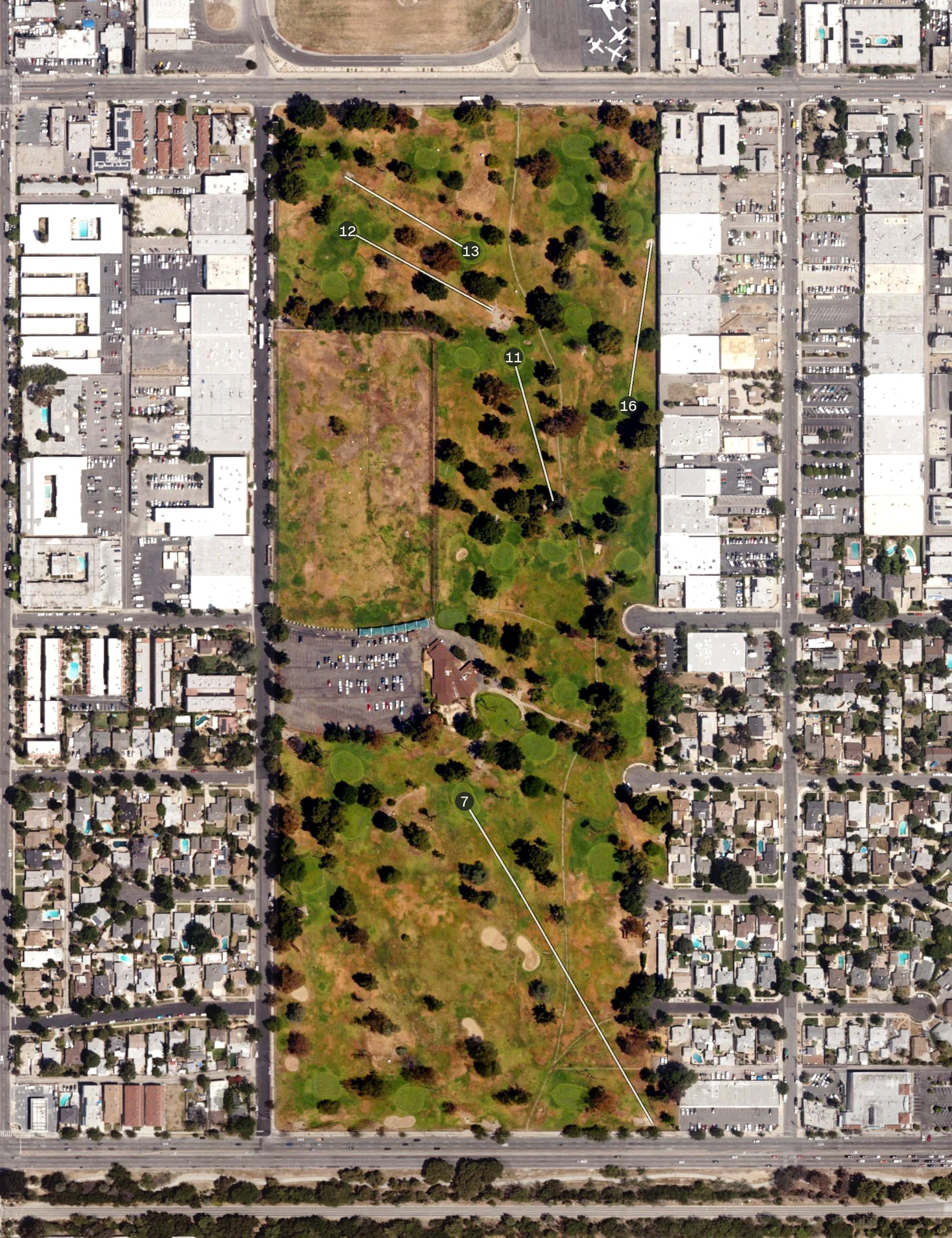 Aerial view of Van Nuys Golf Course, CA, with its hole routing marked