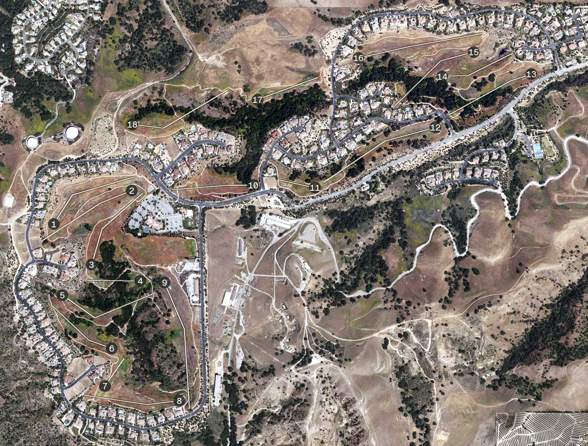 Aerial view of Vellano Country Club, CA, with its hole routing marked