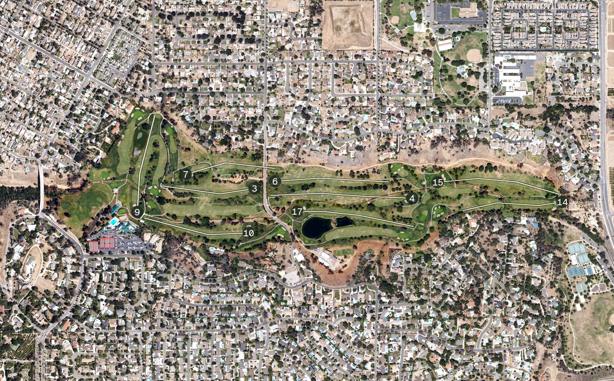 Aerial view of Victoria Club, CA, with its hole routing marked