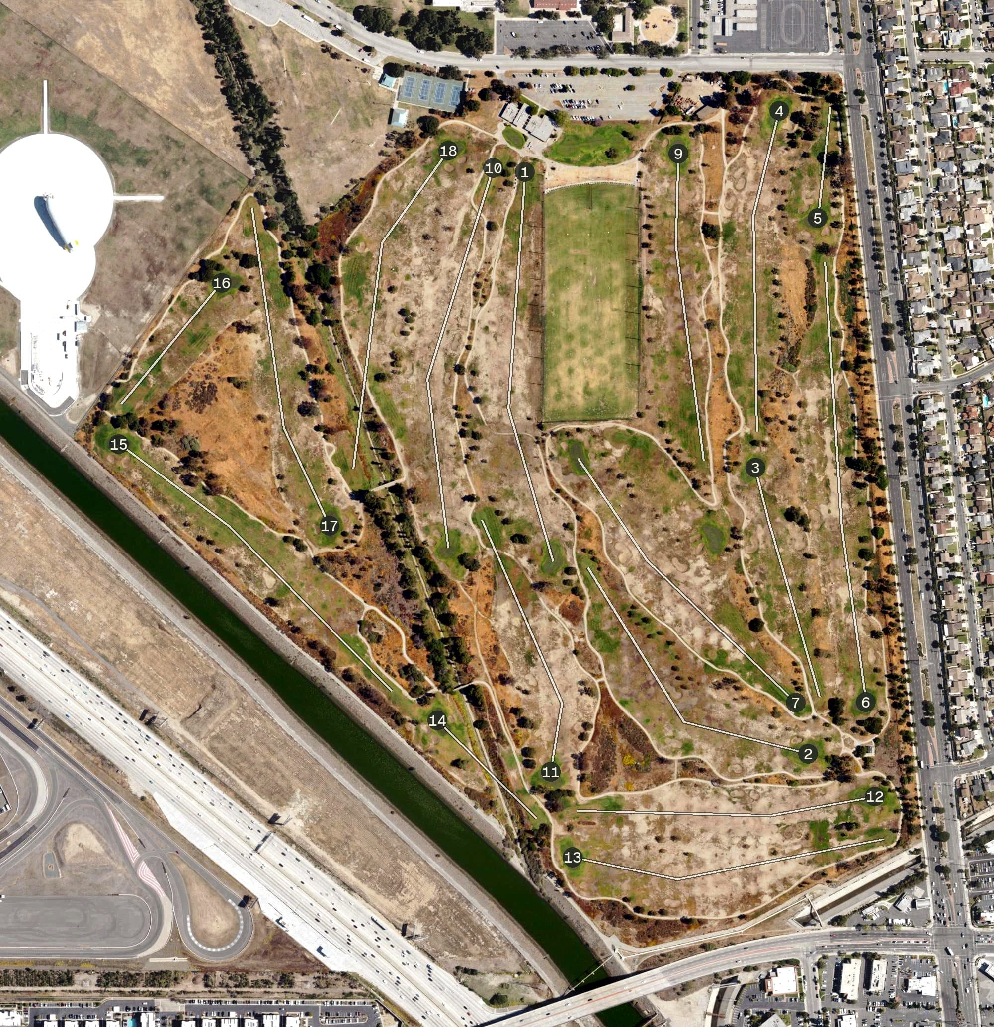 Aerial view of Victoria Golf Course, CA, with its hole routing marked