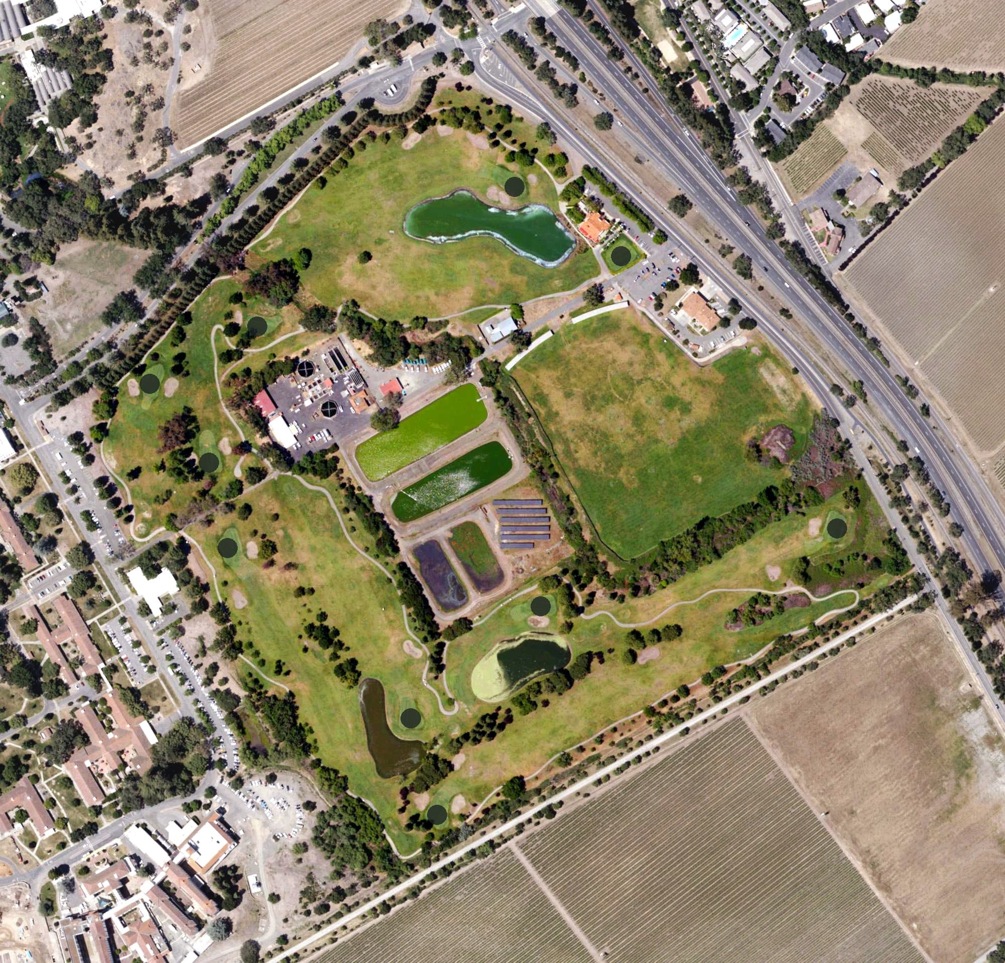 Aerial view of Vintners Golf Club, CA, with its hole routing marked
