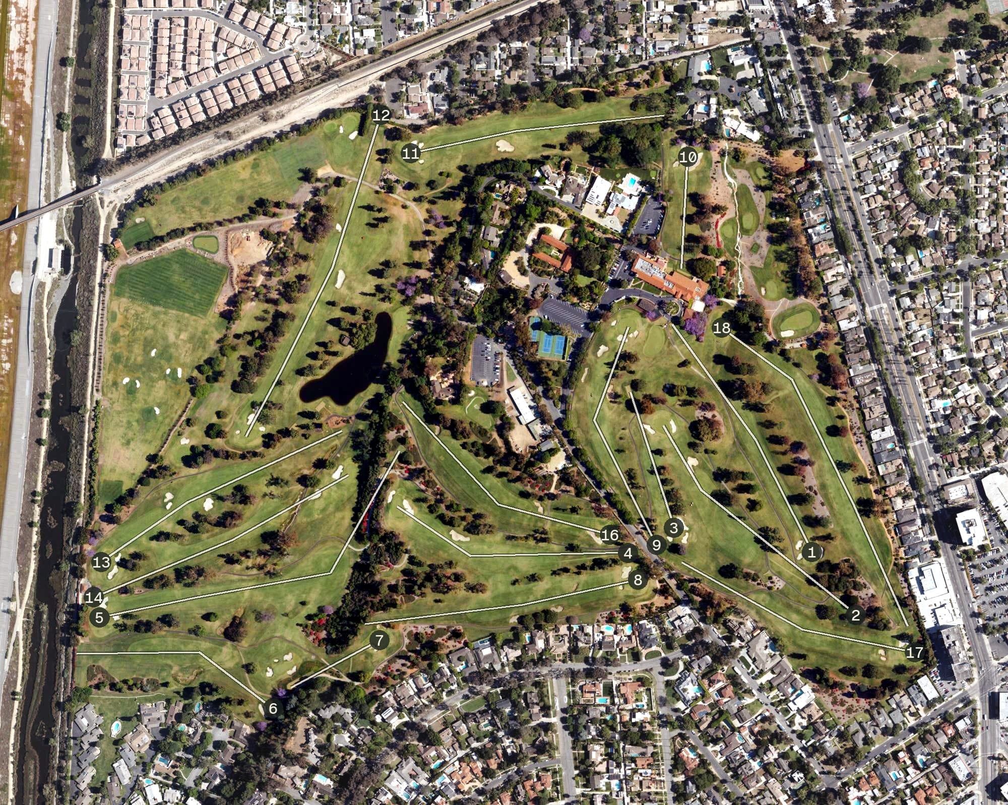 Aerial view of Virginia Country Club, CA, with its hole routing marked