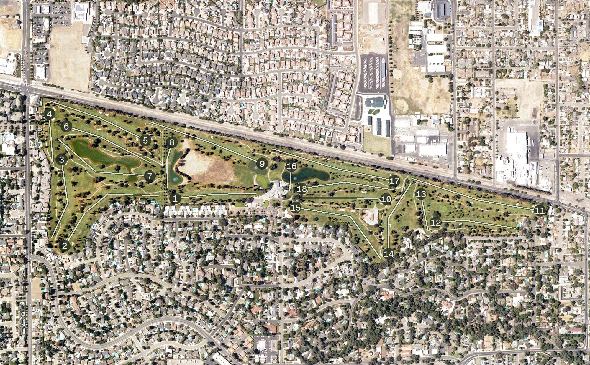 Aerial view of Visalia Country Club, CA, with its hole routing marked