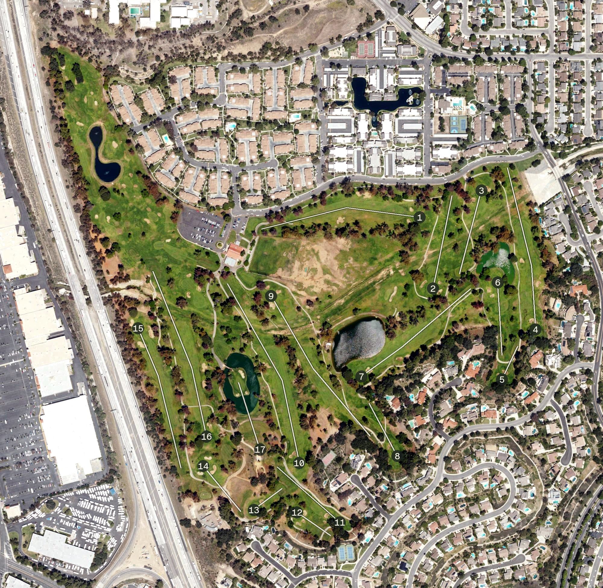 Aerial view of Vista Valencia Golf Course, CA, with its hole routing marked