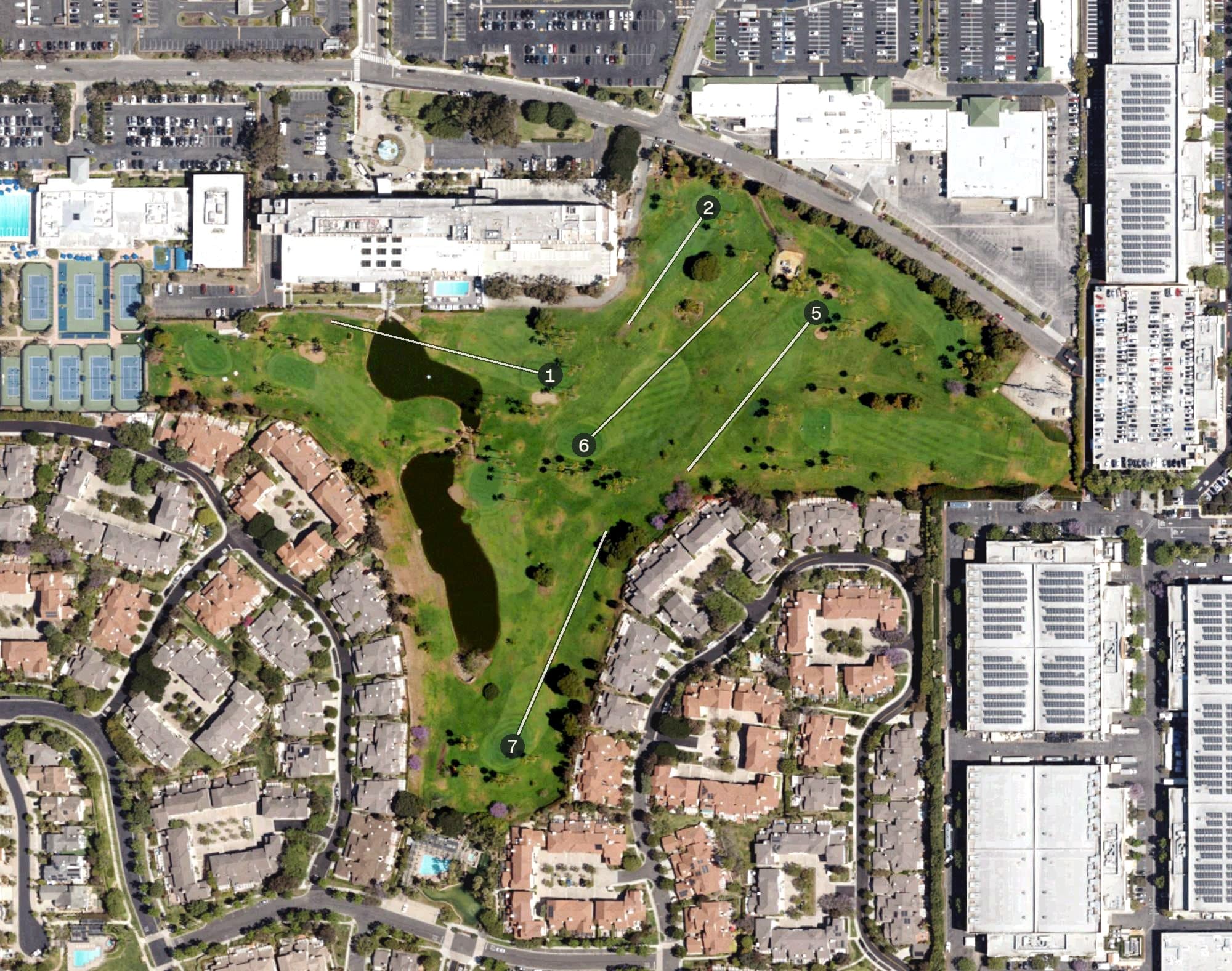 Aerial view of Westdrift Golf, CA, with its hole routing marked