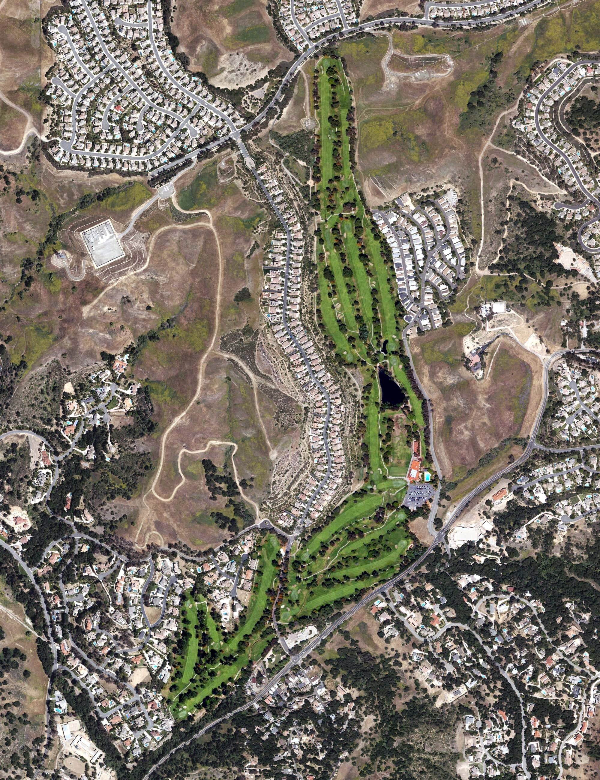 Aerial view of Western Hills Golf Course (Chino Hills), CA, with its hole routing marked