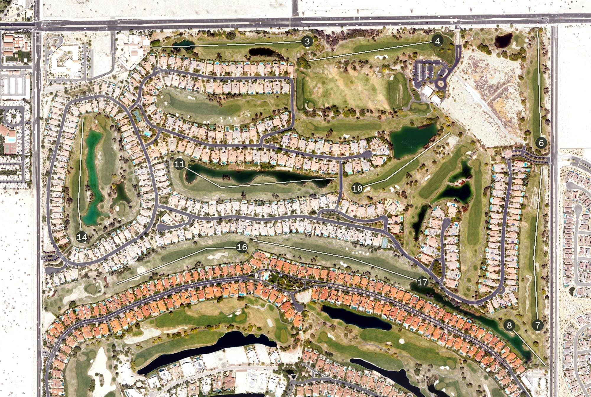 Aerial view of Westin Mission Hills Resort - Gary Player Signature Golf Course, CA, with its hole routing marked