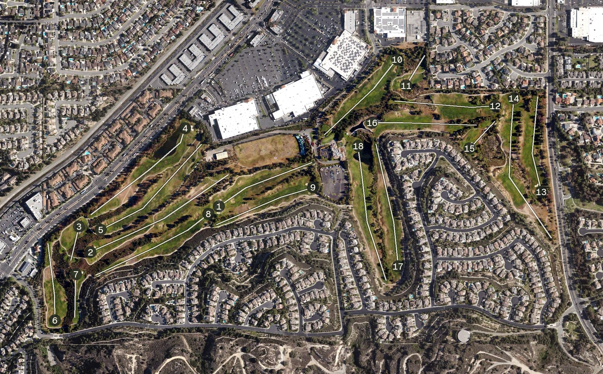 Aerial view of Westridge Golf Club, CA, with its hole routing marked
