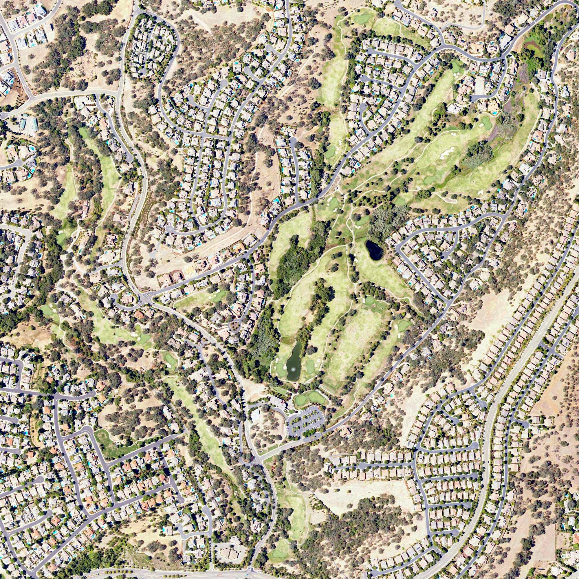 Aerial view of Whitney Oaks Golf Club, CA, with its hole routing marked