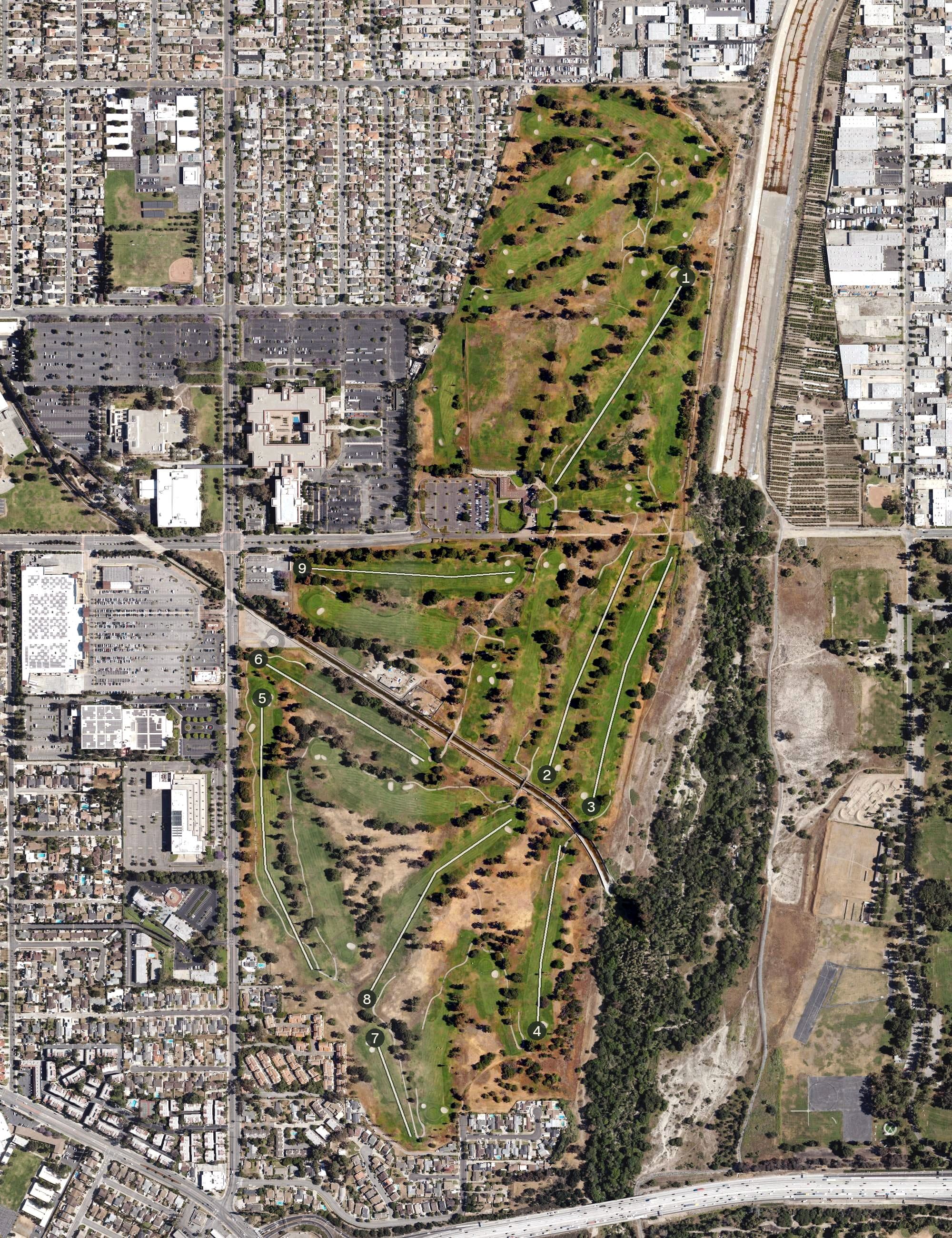 Aerial view of Whittier Narrows Golf Course, CA, with its hole routing marked