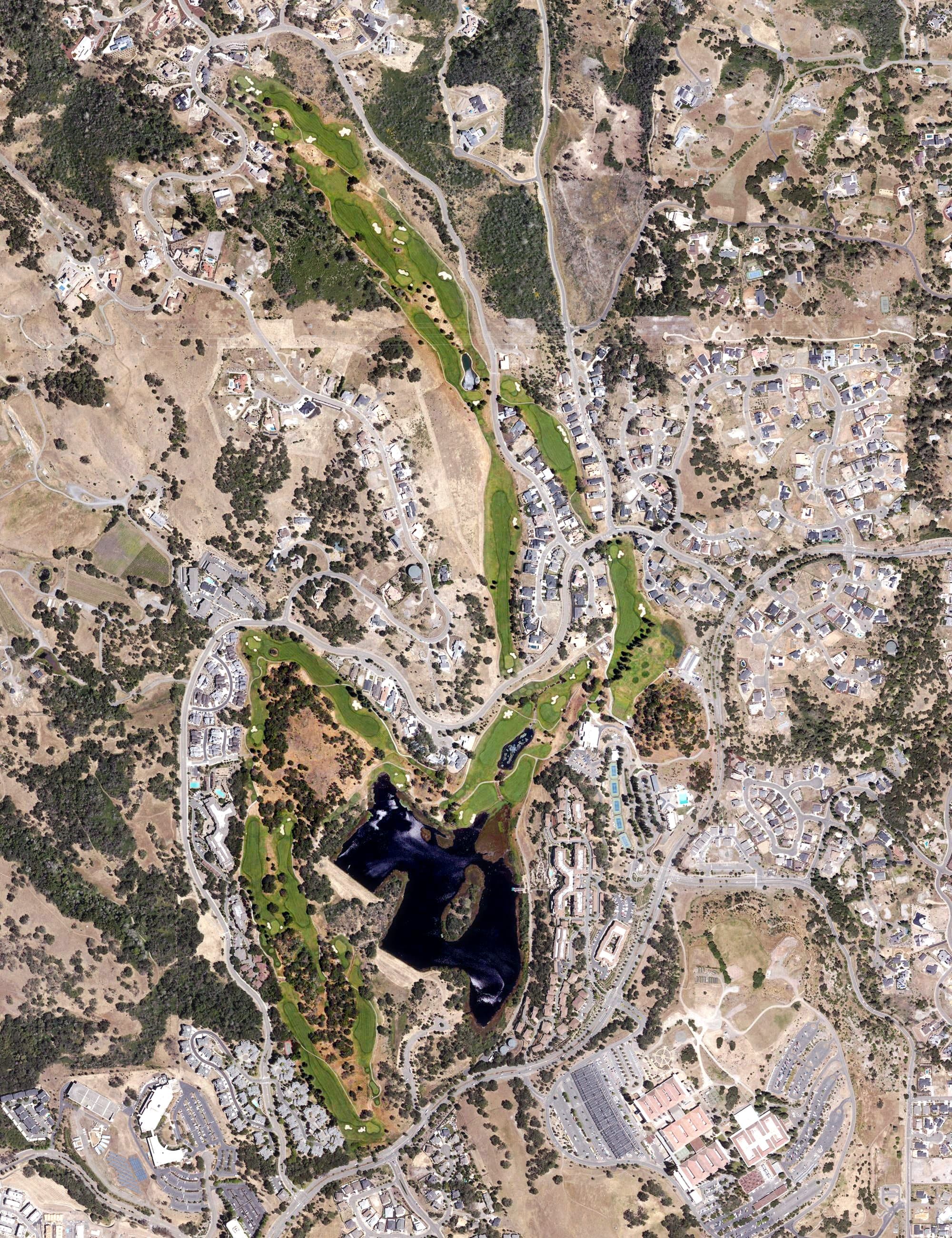 Aerial view of Wikiup Golf Course, CA, with its hole routing marked