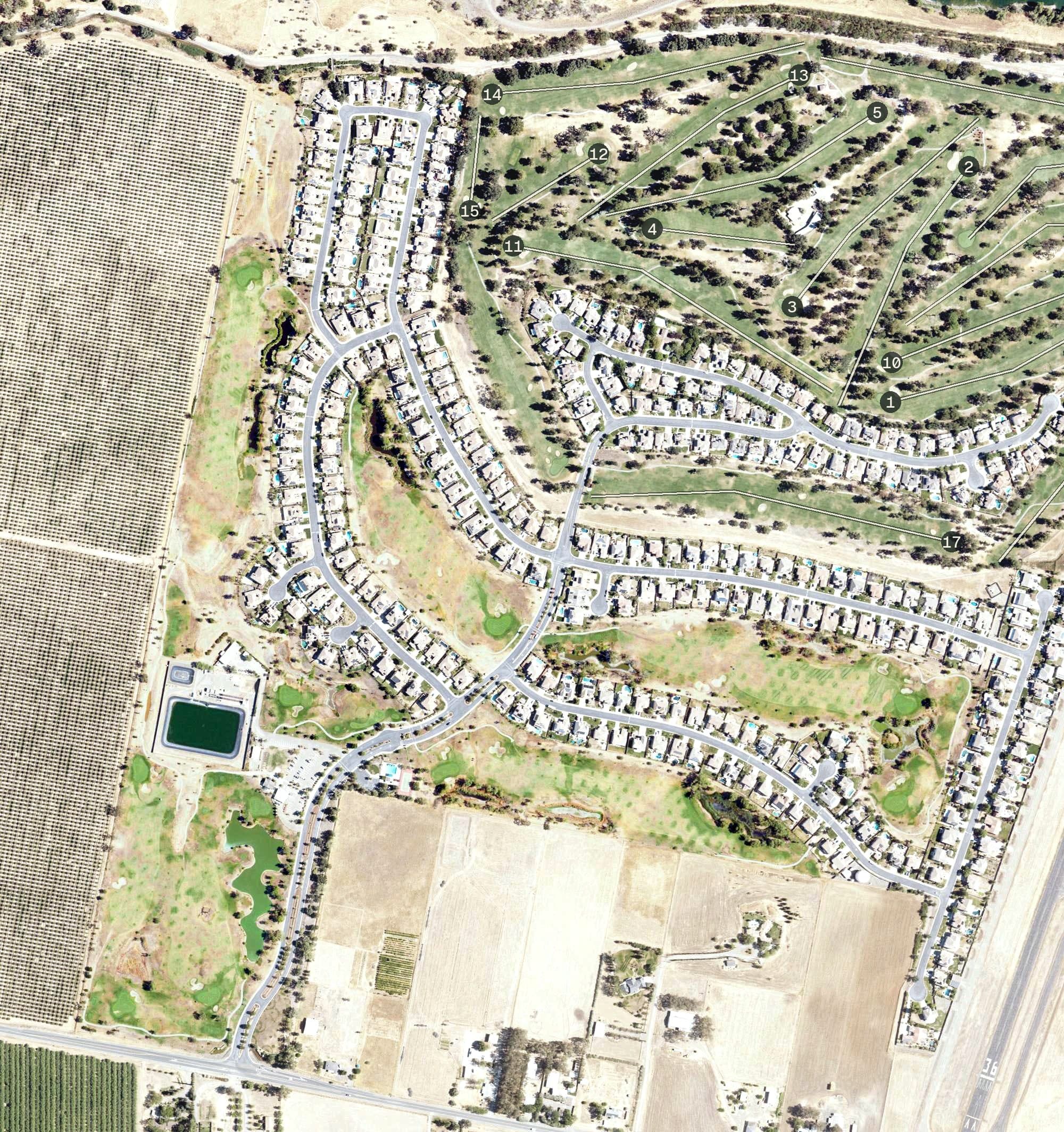 Aerial view of Wild Wings Golf Club, CA, with its hole routing marked