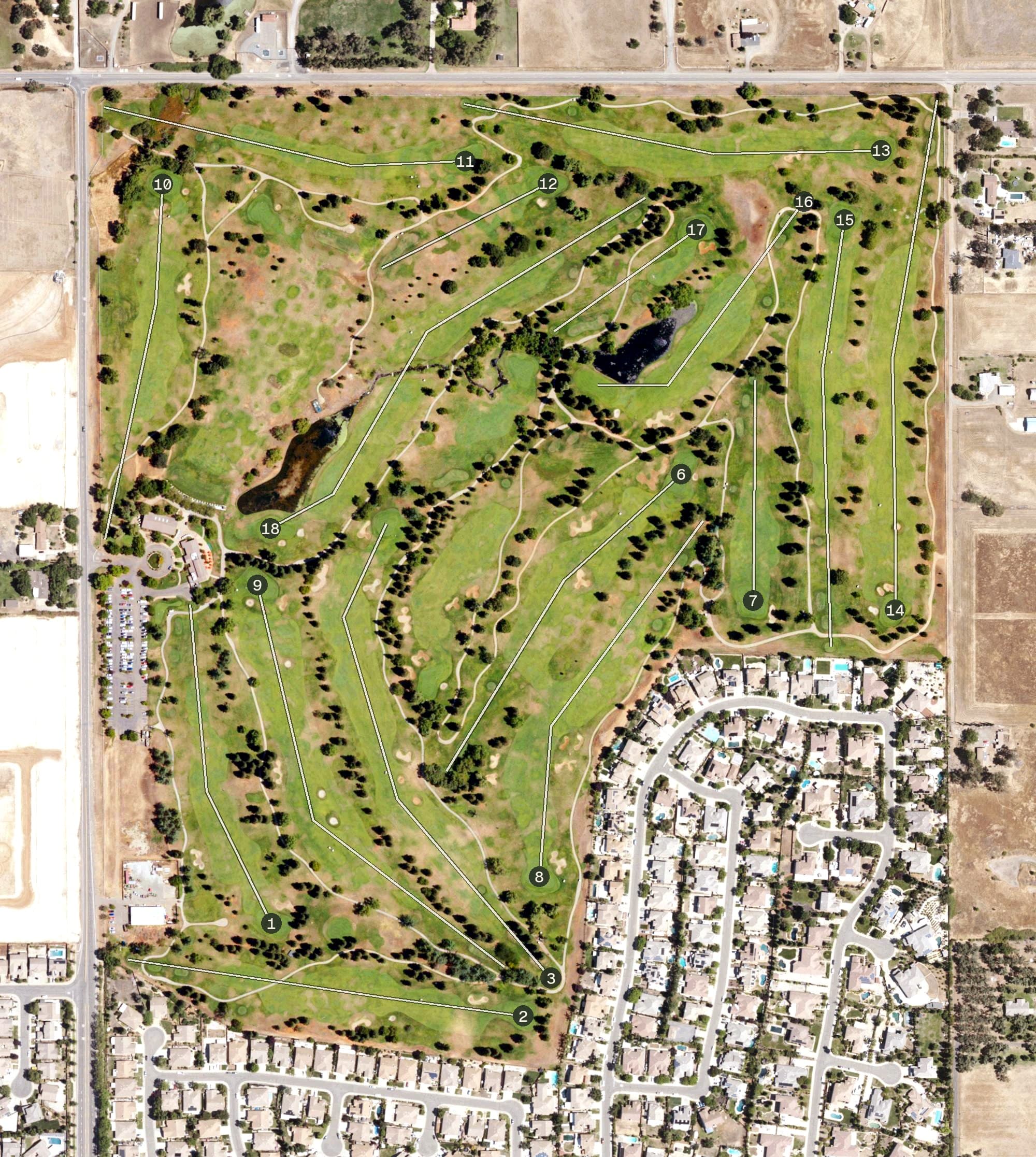 Aerial view of WildHawk Golf Club, CA, with its hole routing marked