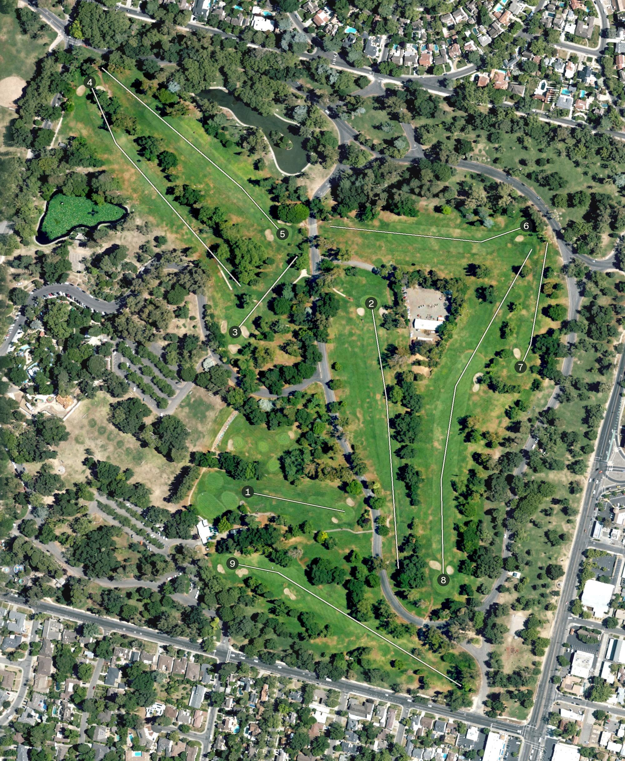 Aerial view of William Land Golf Course, CA, with its hole routing marked