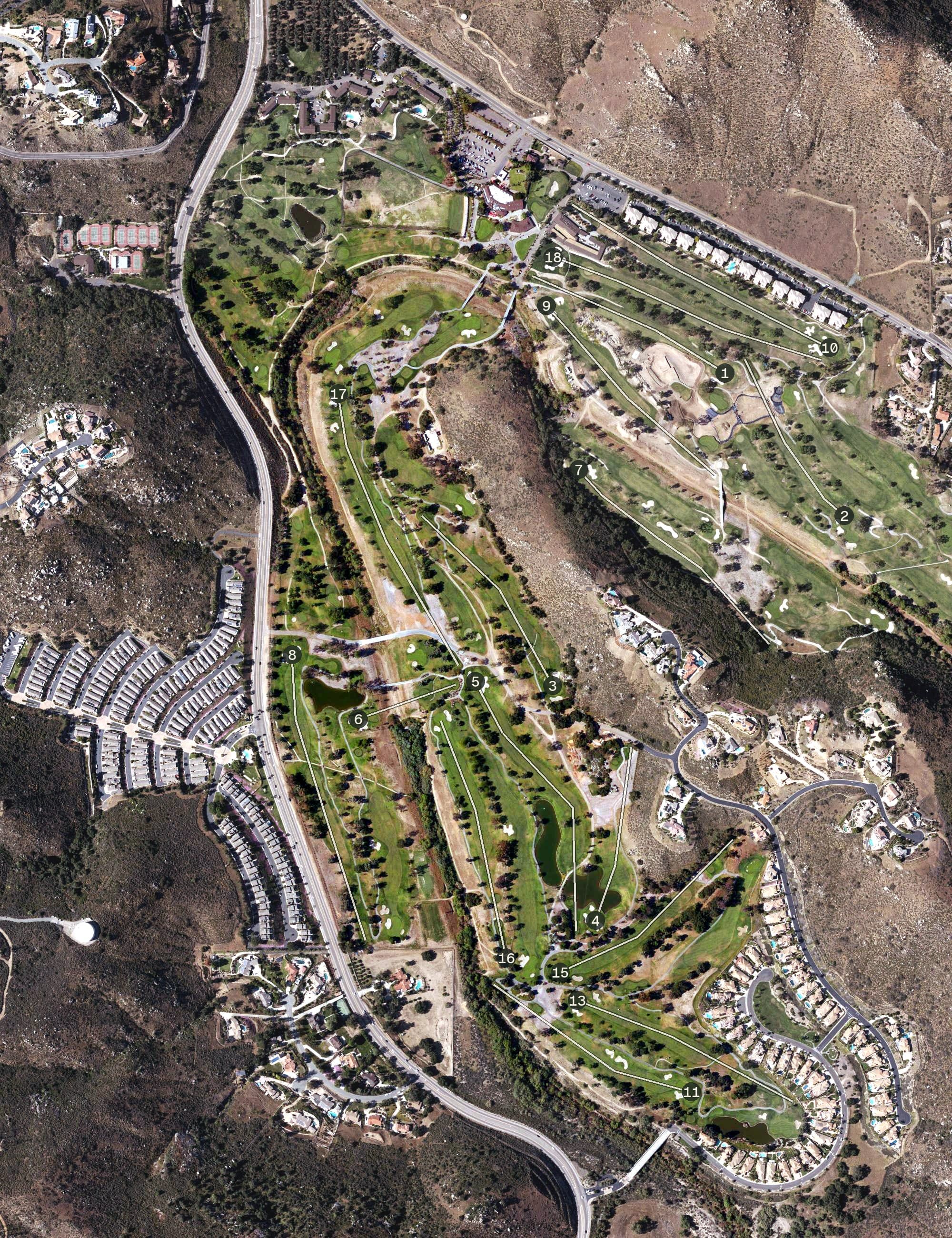 Aerial view of Willow Glen Golf Course, CA, with its hole routing marked