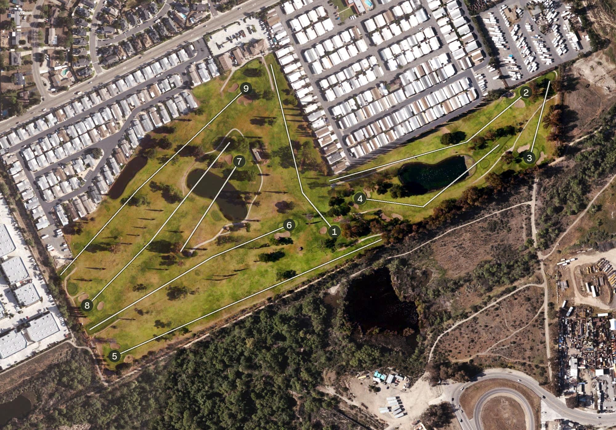 Aerial view of Willowbrook Golf Course, CA, with its hole routing marked
