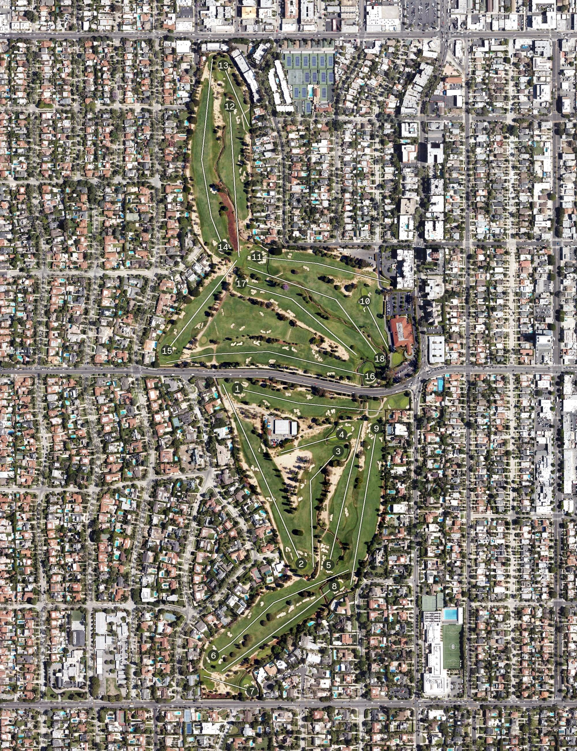 Aerial view of Wilshire Country Club, CA, with its hole routing marked