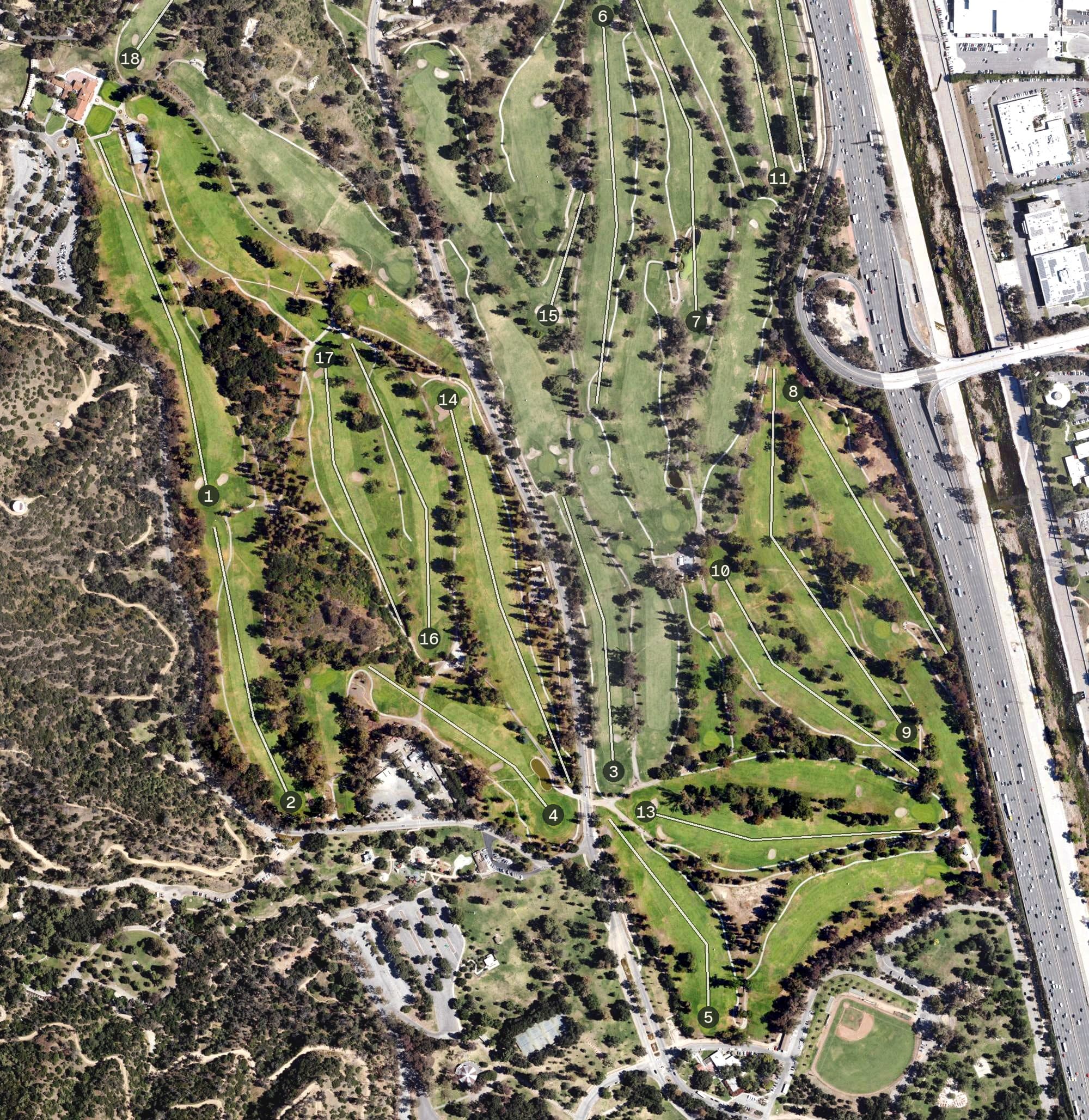 Aerial view of Wilson Golf Course, CA, with its hole routing marked