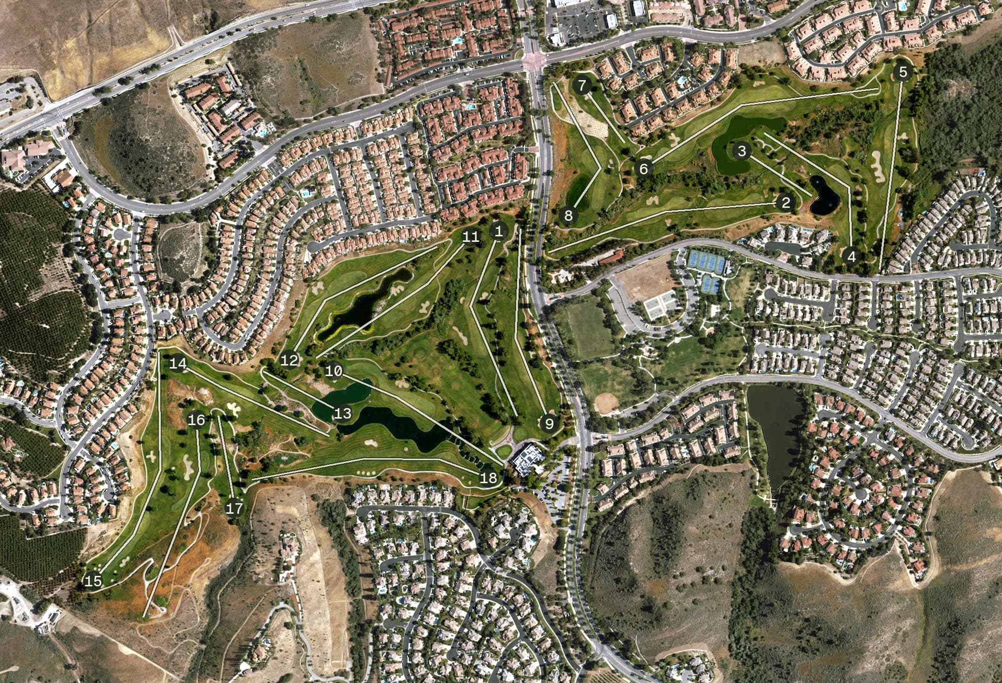 Aerial view of Wood Ranch Golf Club, CA, with its hole routing marked
