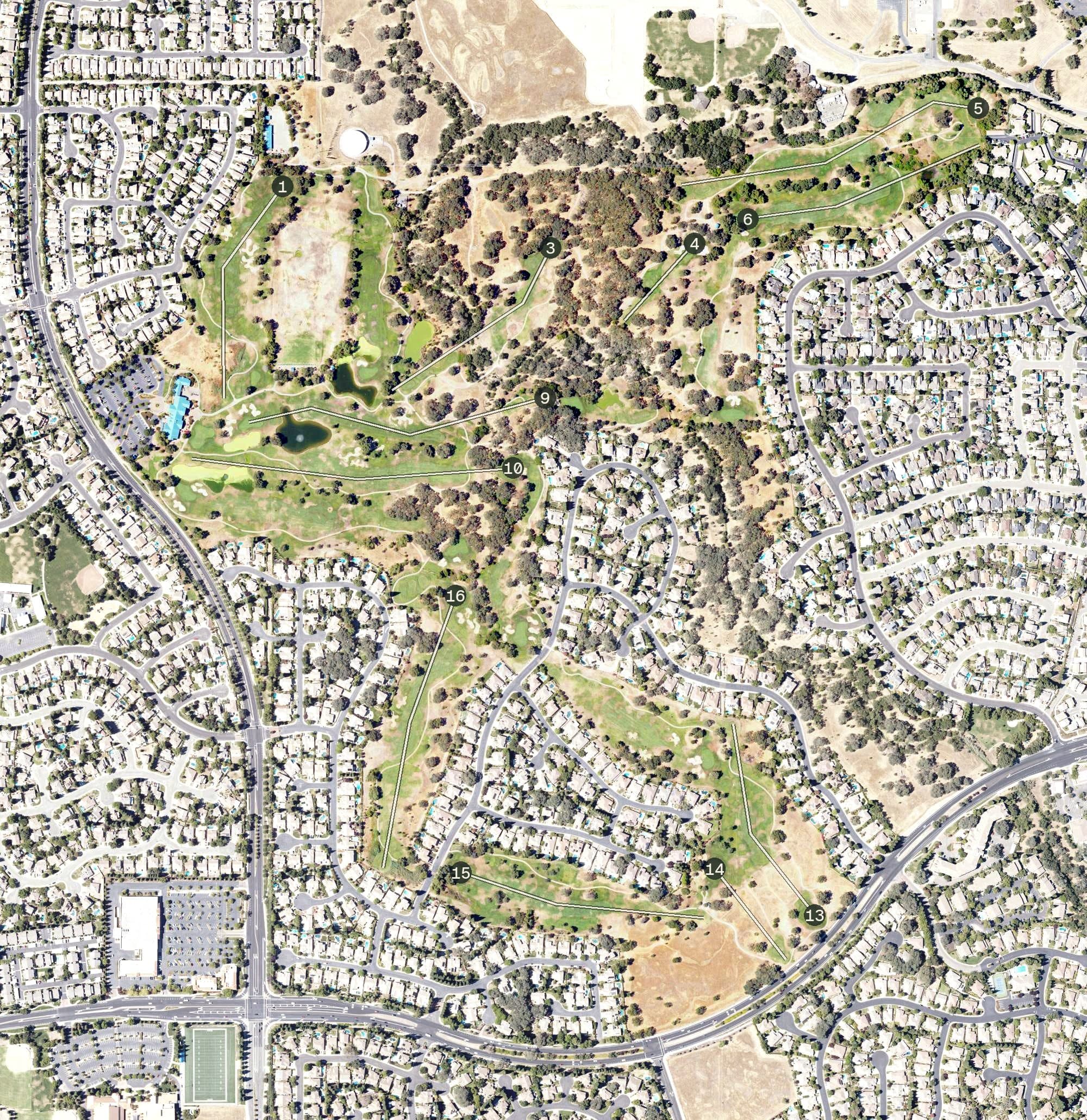 Aerial view of Woodcreek Oaks Golf Course, CA, with its hole routing marked