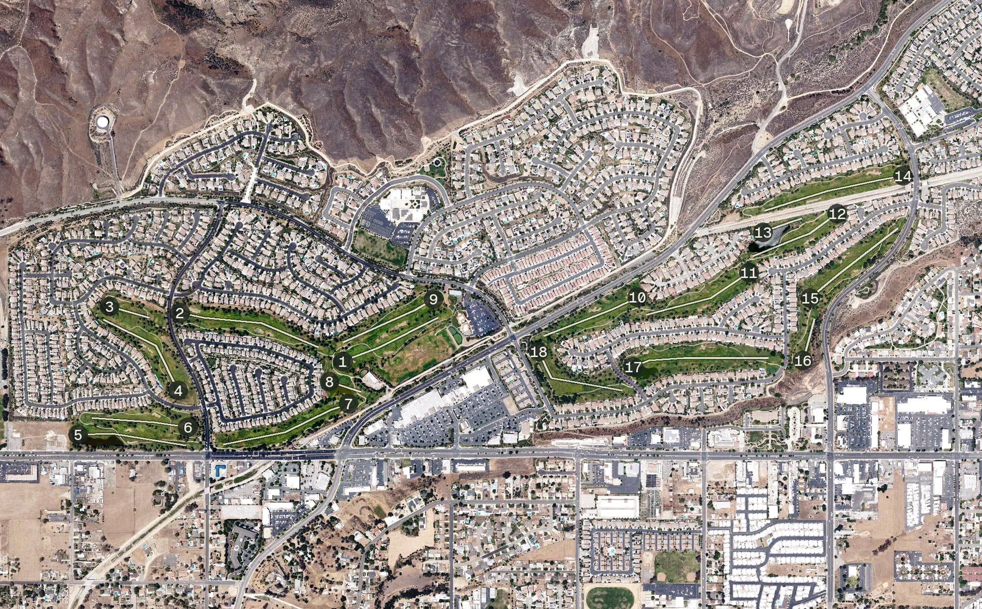 Aerial view of Yucaipa Valley Golf Club, CA, with its hole routing marked