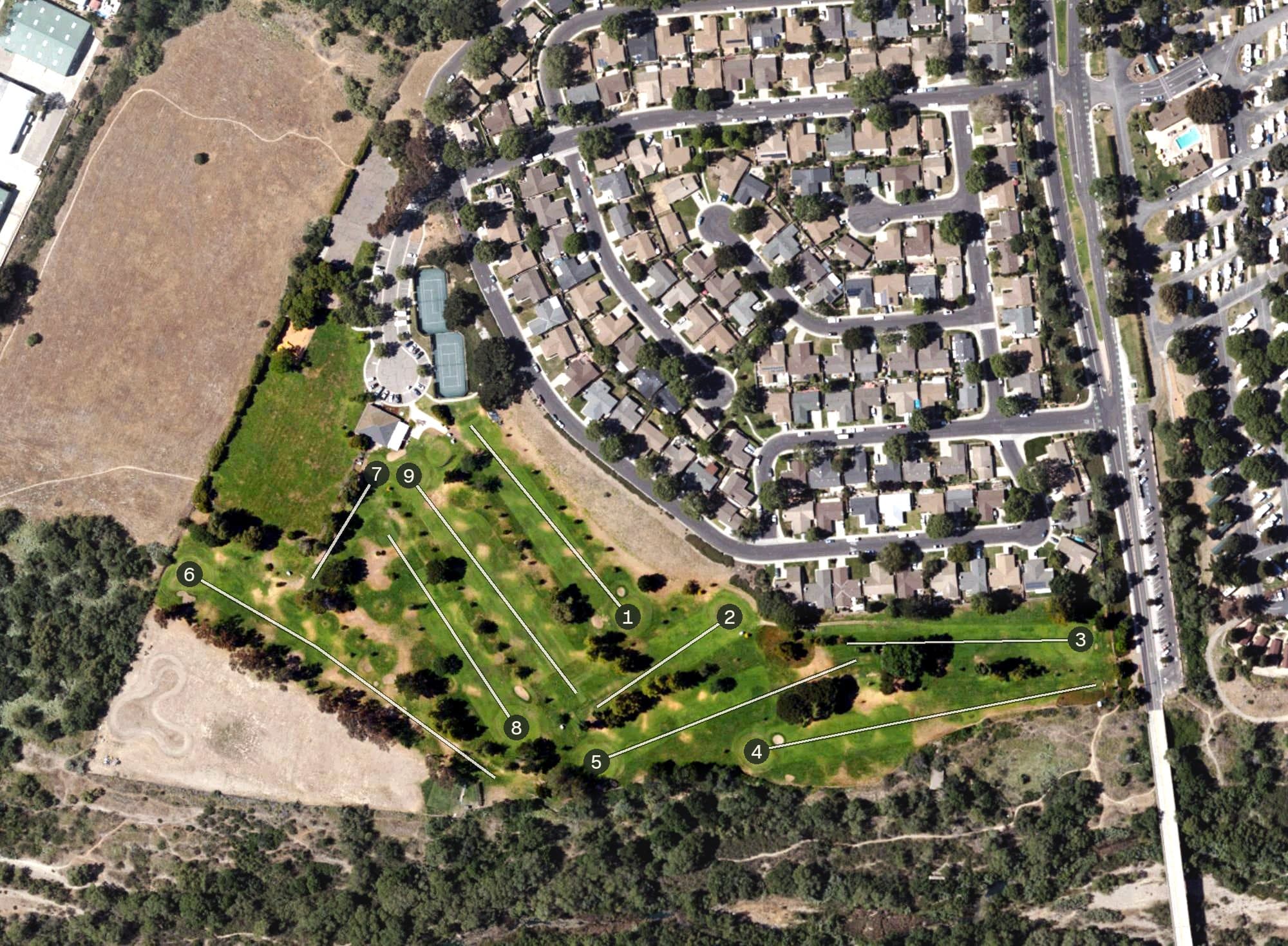 Aerial view of Zaca Creek Golf Course, CA, with its hole routing marked